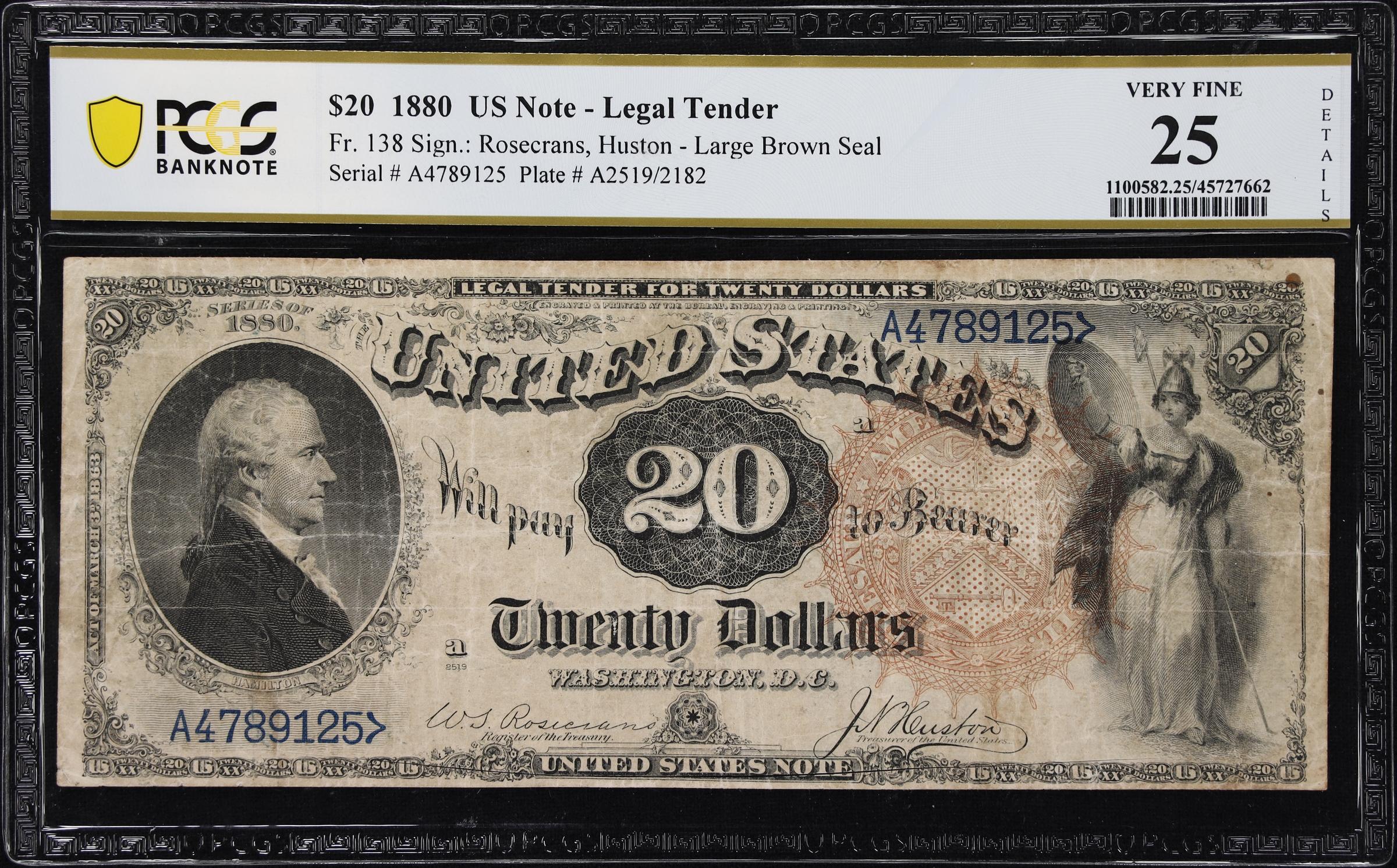 image for: Fr. 138. 1880 $20 Legal Tender Note. PCGS Banknote Very Fine 25 Details. Internal Cut.
