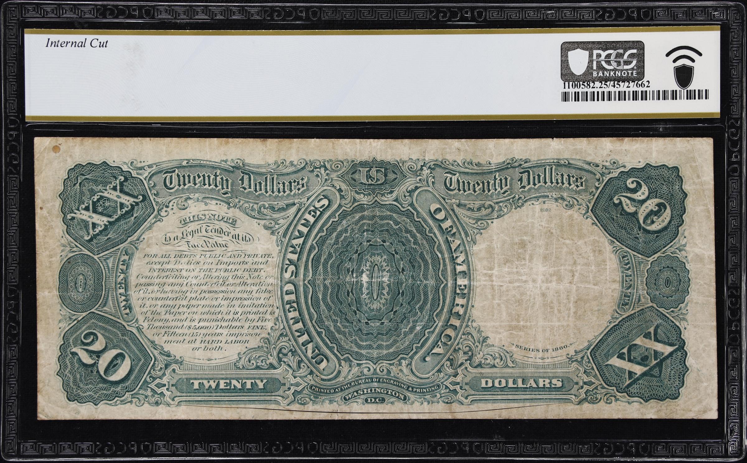 image for: Fr. 138. 1880 $20 Legal Tender Note. PCGS Banknote Very Fine 25 Details. Internal Cut.