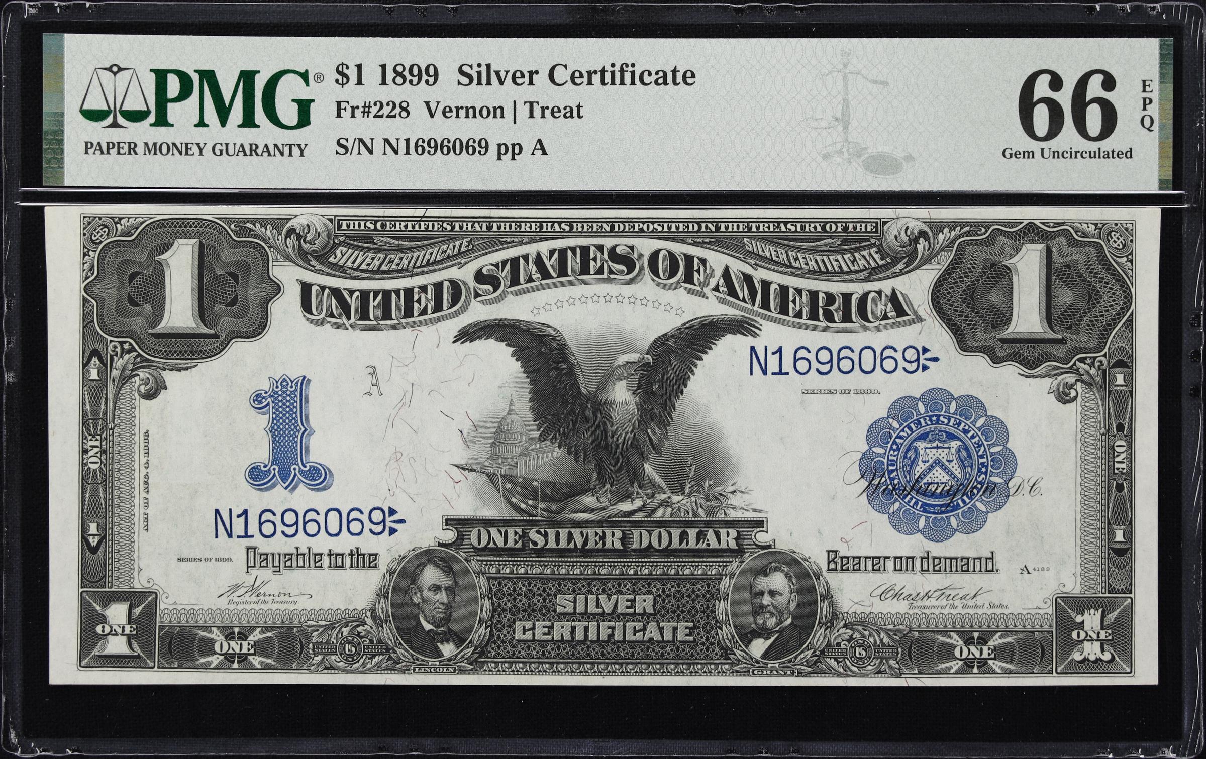 image for: Fr. 228. 1899 $1 Silver Certificate. PMG Gem Uncirculated 66 EPQ.