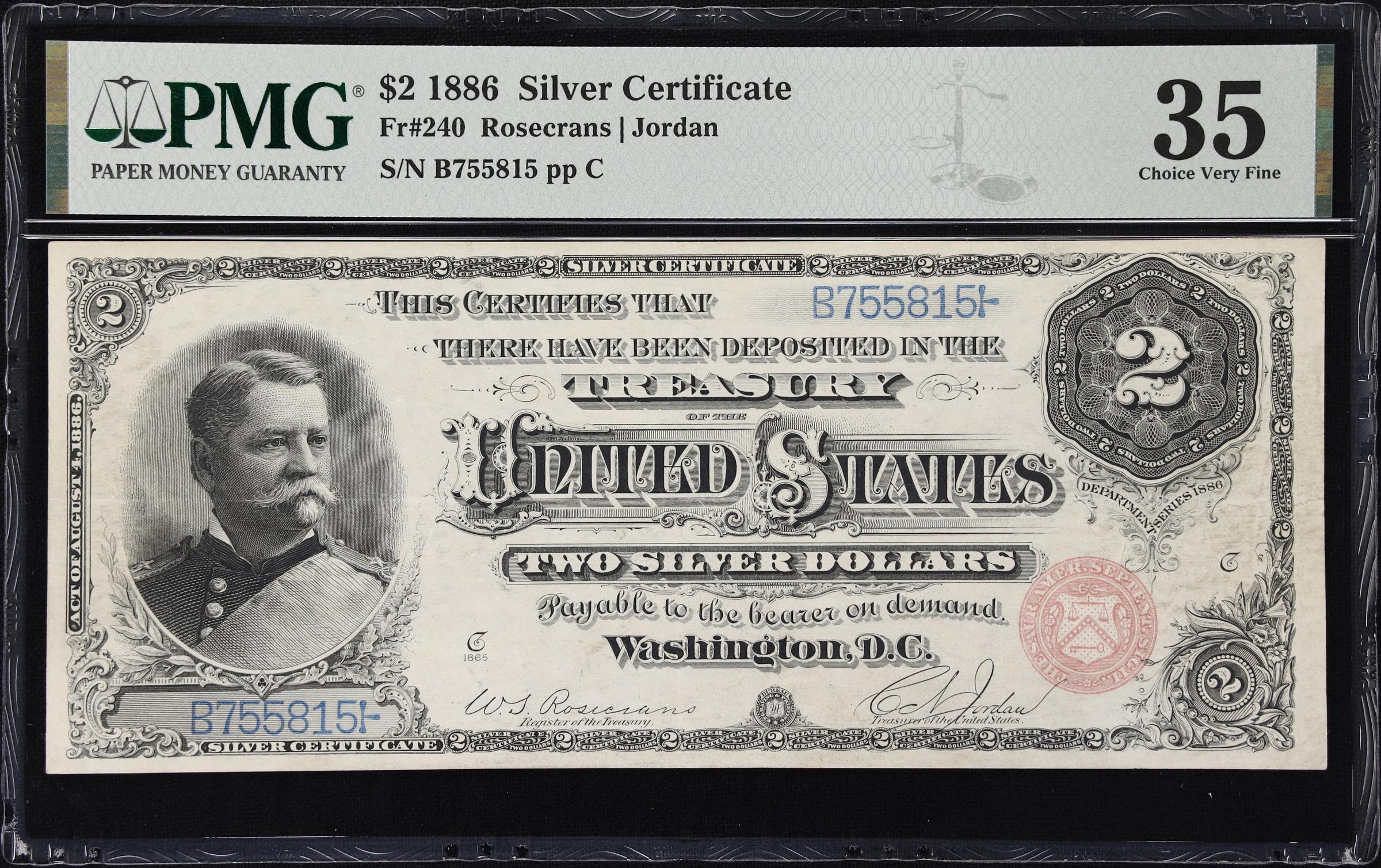 image for: Fr. 240. 1886 $2 Silver Certificate. PMG Choice Very Fine 35.