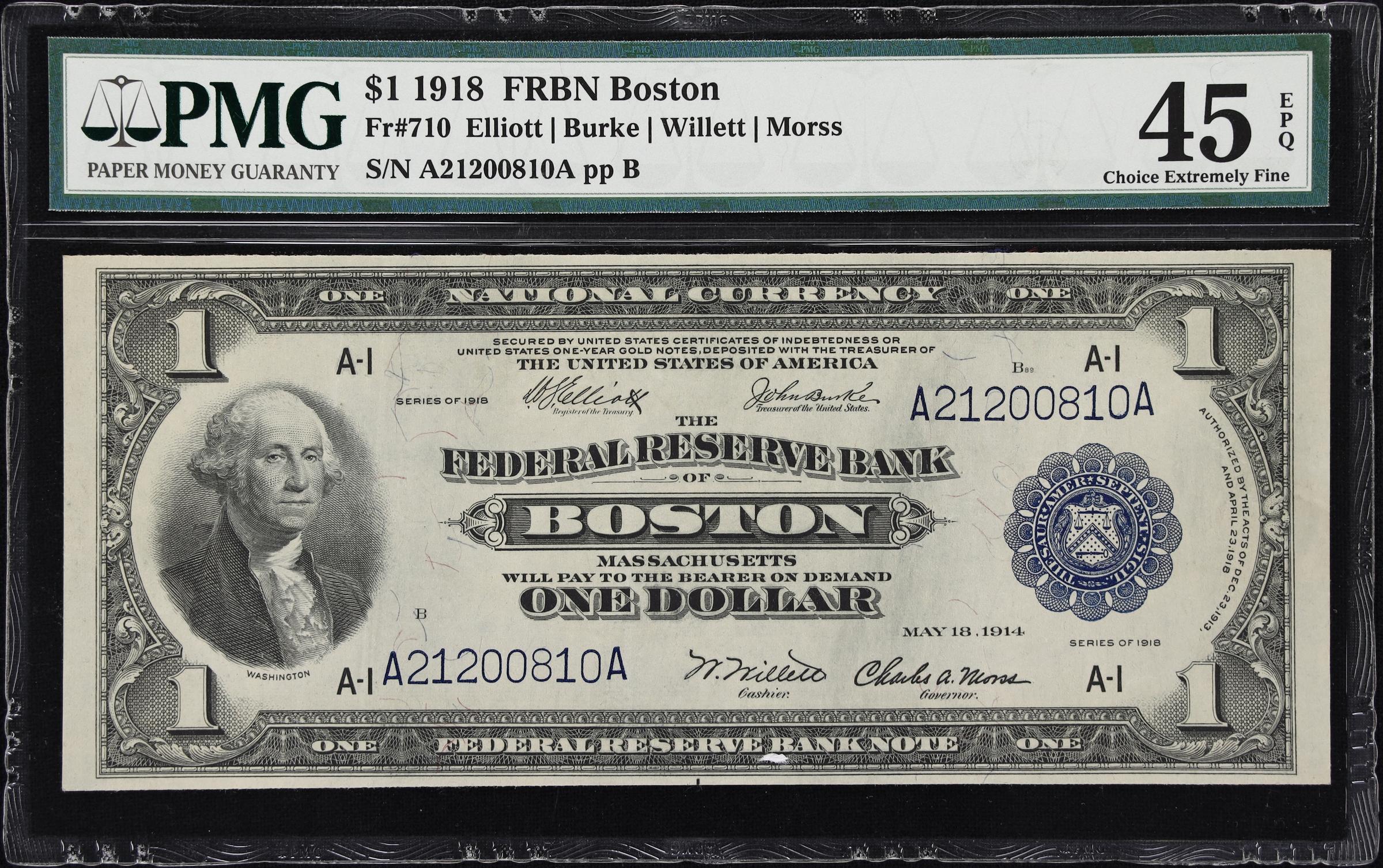 image for: Fr. 710. 1918 $1 Federal Reserve Bank Note. Boston. PMG Choice Extremely Fine 45 EPQ.