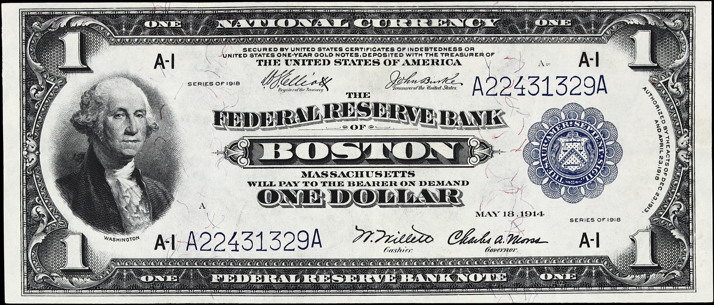 image for: Fr. 710. 1918 $1 Federal Reserve Bank Note. Boston. Very Fine to Extremely Fine.