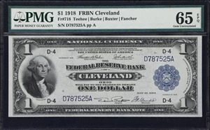 image for: Fr. 718. 1918 $1 Federal Reserve Bank Note. Cleveland. PMG Gem Uncirculated 65 EPQ.