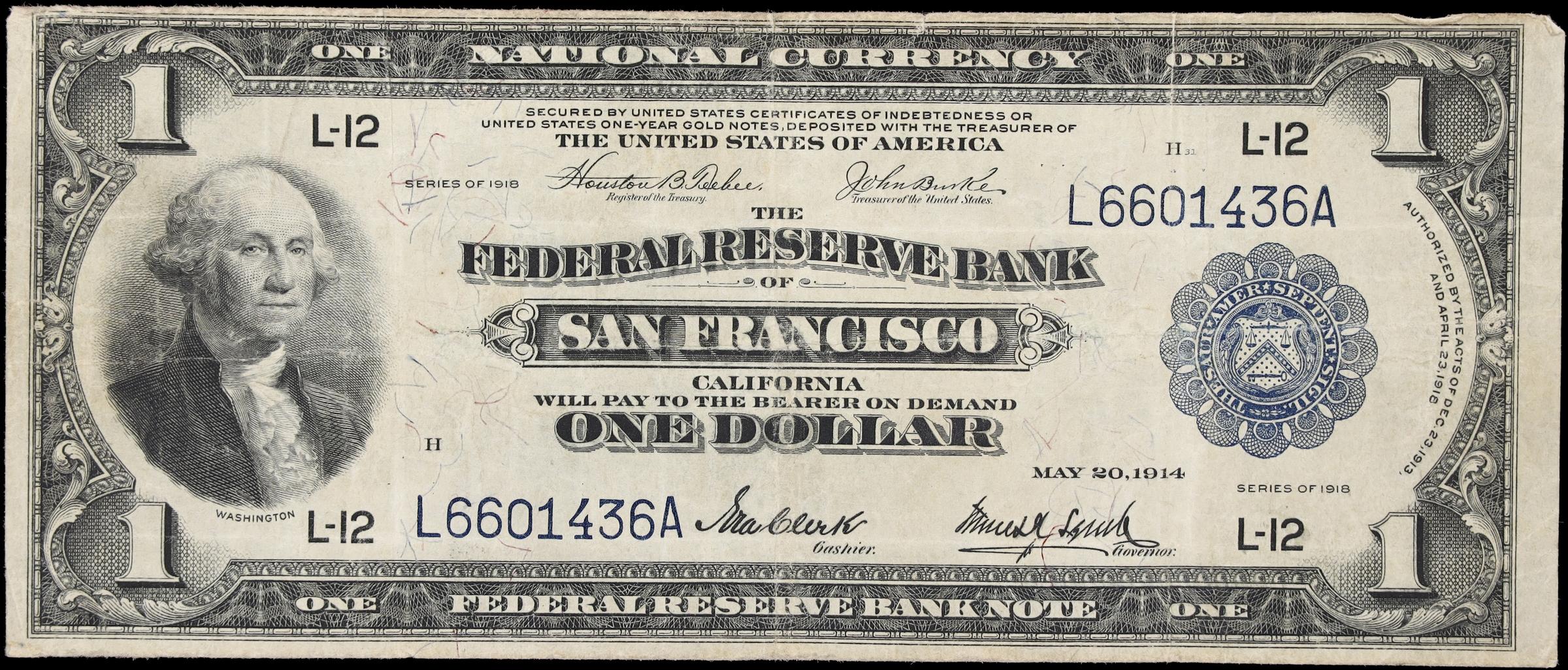 image for: Fr. 743. 1918 $1 Federal Reserve Bank Note. San Francisco. Choice Fine.