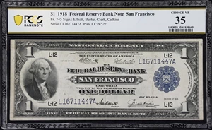 image for: Fr. 745. 1918 $1 Federal Reserve Bank Note. San Francisco. PCGS Banknote Choice Very Fine 35.