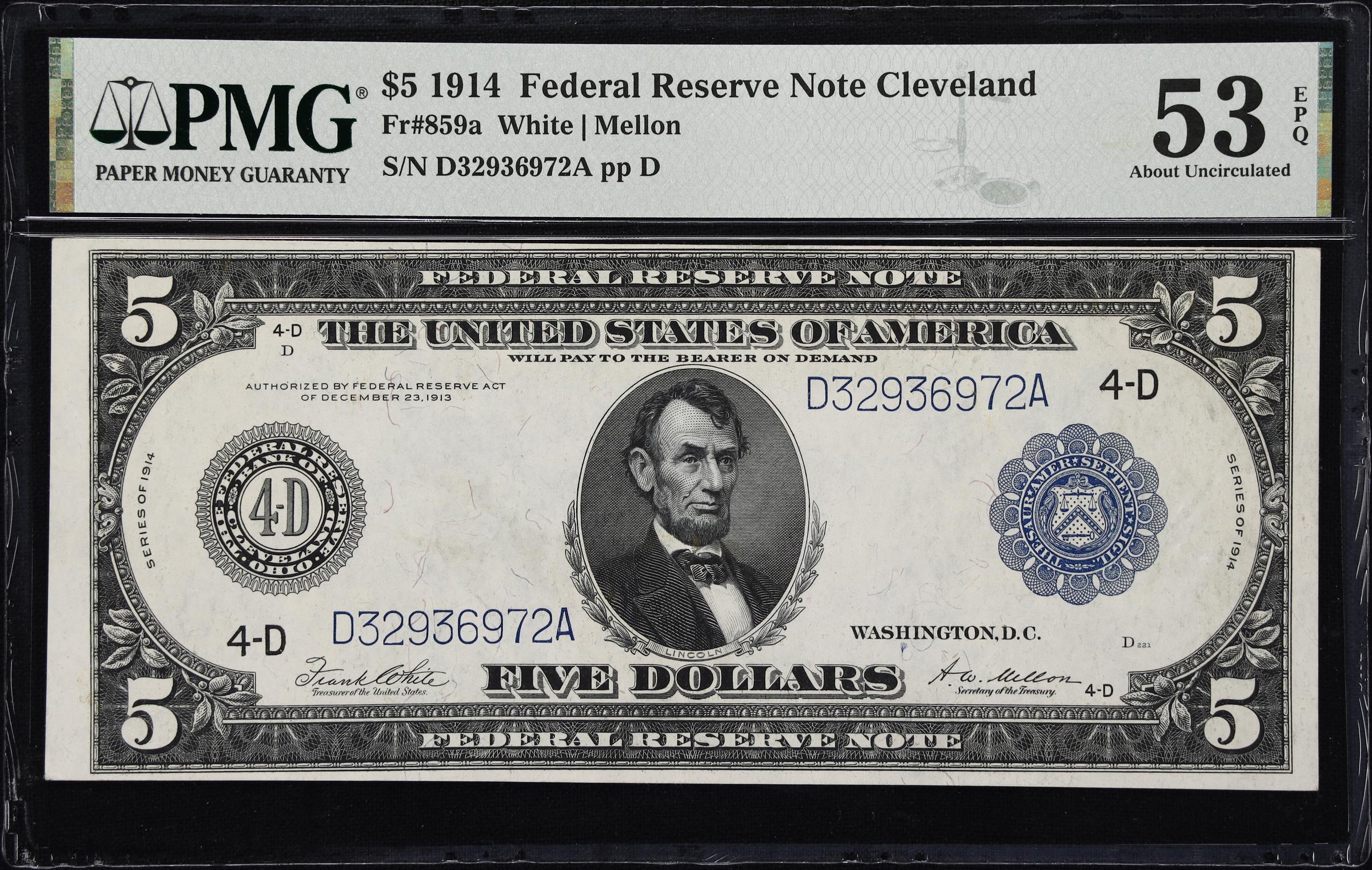 image for: Fr. 859a. 1914 $5 Federal Reserve Note. Cleveland. PMG About Uncirculated 53 EPQ.