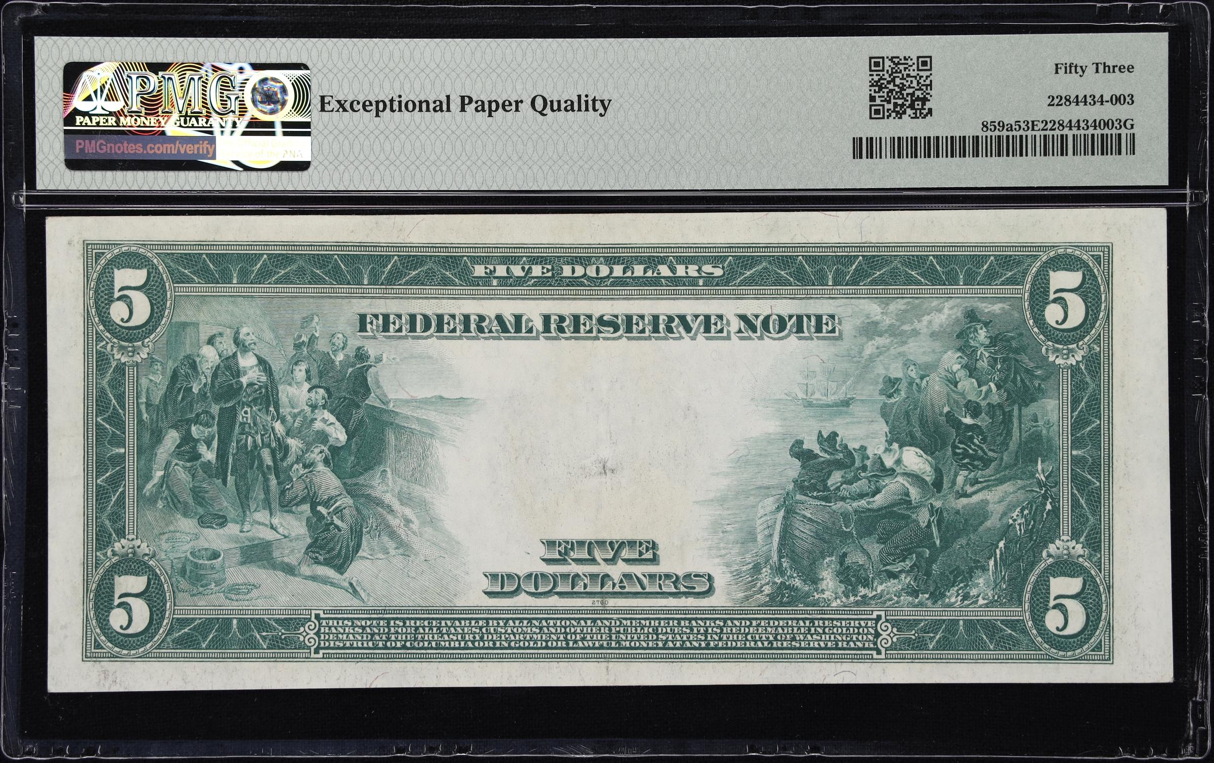 image for: Fr. 859a. 1914 $5 Federal Reserve Note. Cleveland. PMG About Uncirculated 53 EPQ.