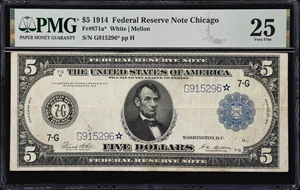 image for: Fr. 871a*. 1914 $5 Federal Reserve Star Note. Chicago. PMG Very Fine 25.