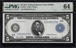 image for: Fr. 887a. 1914 $5 Federal Reserve Note. Dallas. PMG Choice Uncirculated 64.