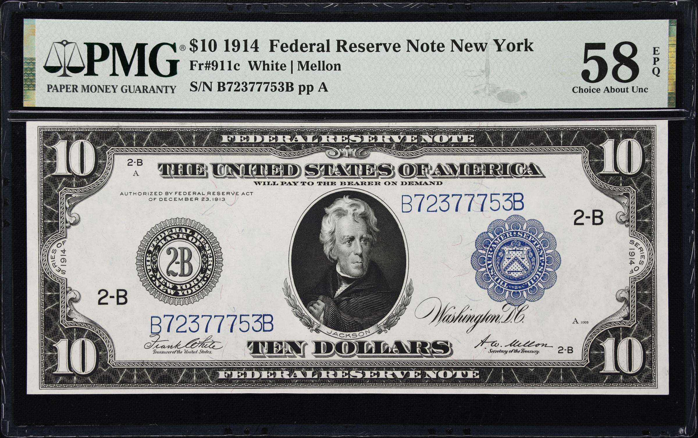 image for: Fr. 911c. 1914 $10 Federal Reserve Note. New York. PMG Choice About Uncirculated 58 EPQ.