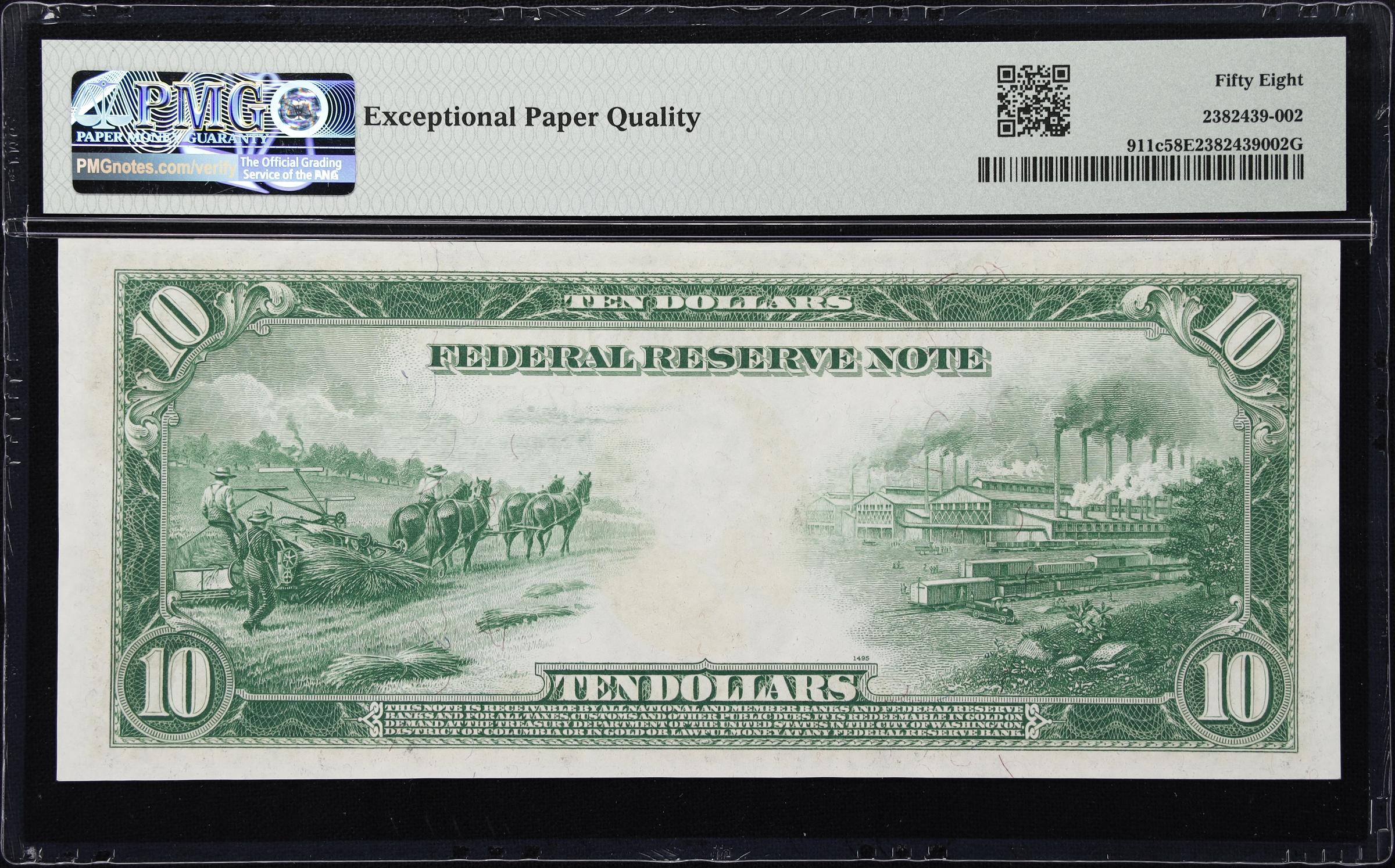 image for: Fr. 911c. 1914 $10 Federal Reserve Note. New York. PMG Choice About Uncirculated 58 EPQ.