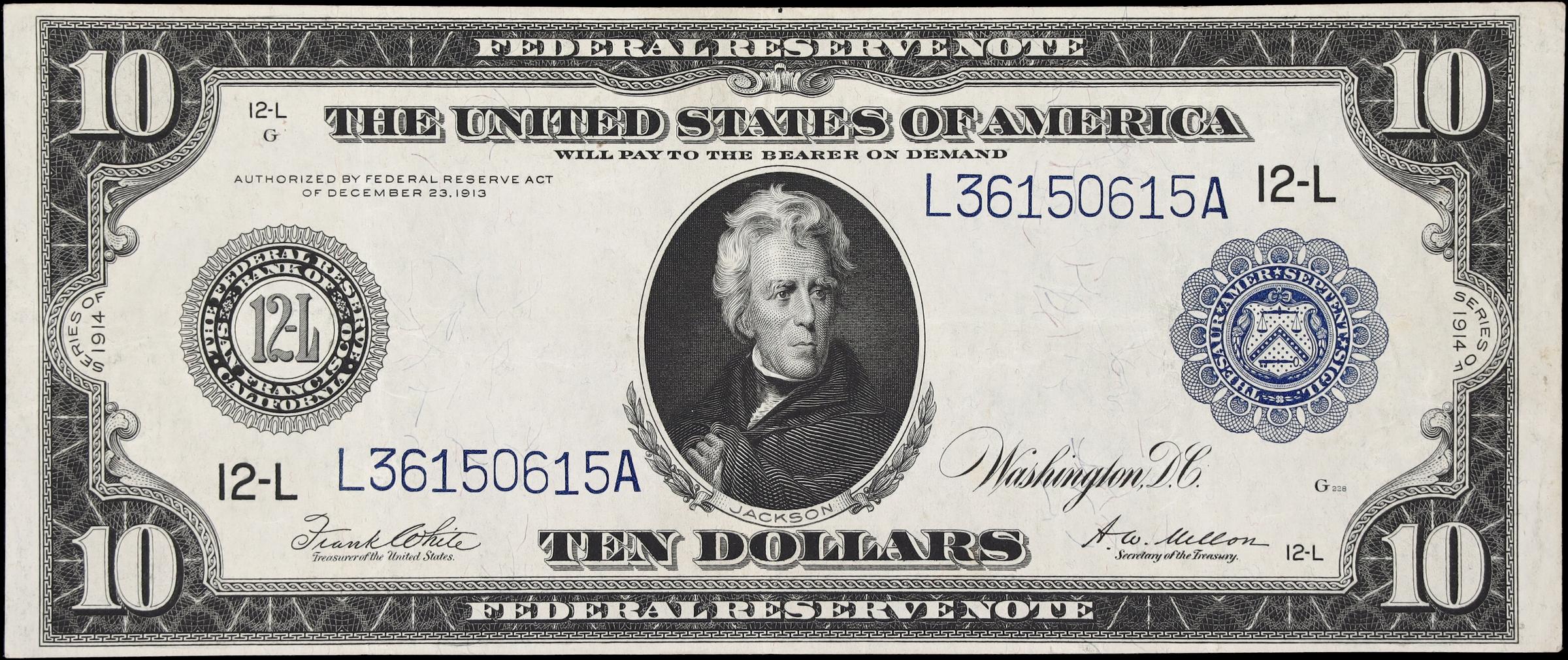 image for: Fr. 951a. 1914 $10 Federal Reserve Note. San Francisco. Very Fine to Extremely Fine.