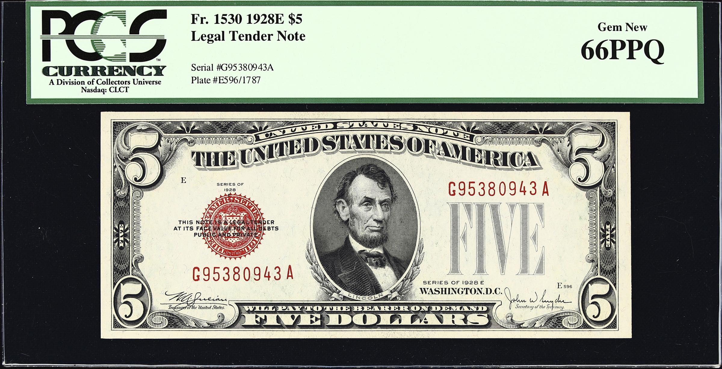 image for: Fr. 1530. 1928E $5 Legal Tender Note. PCGS Currency Gem New 66 PPQ.