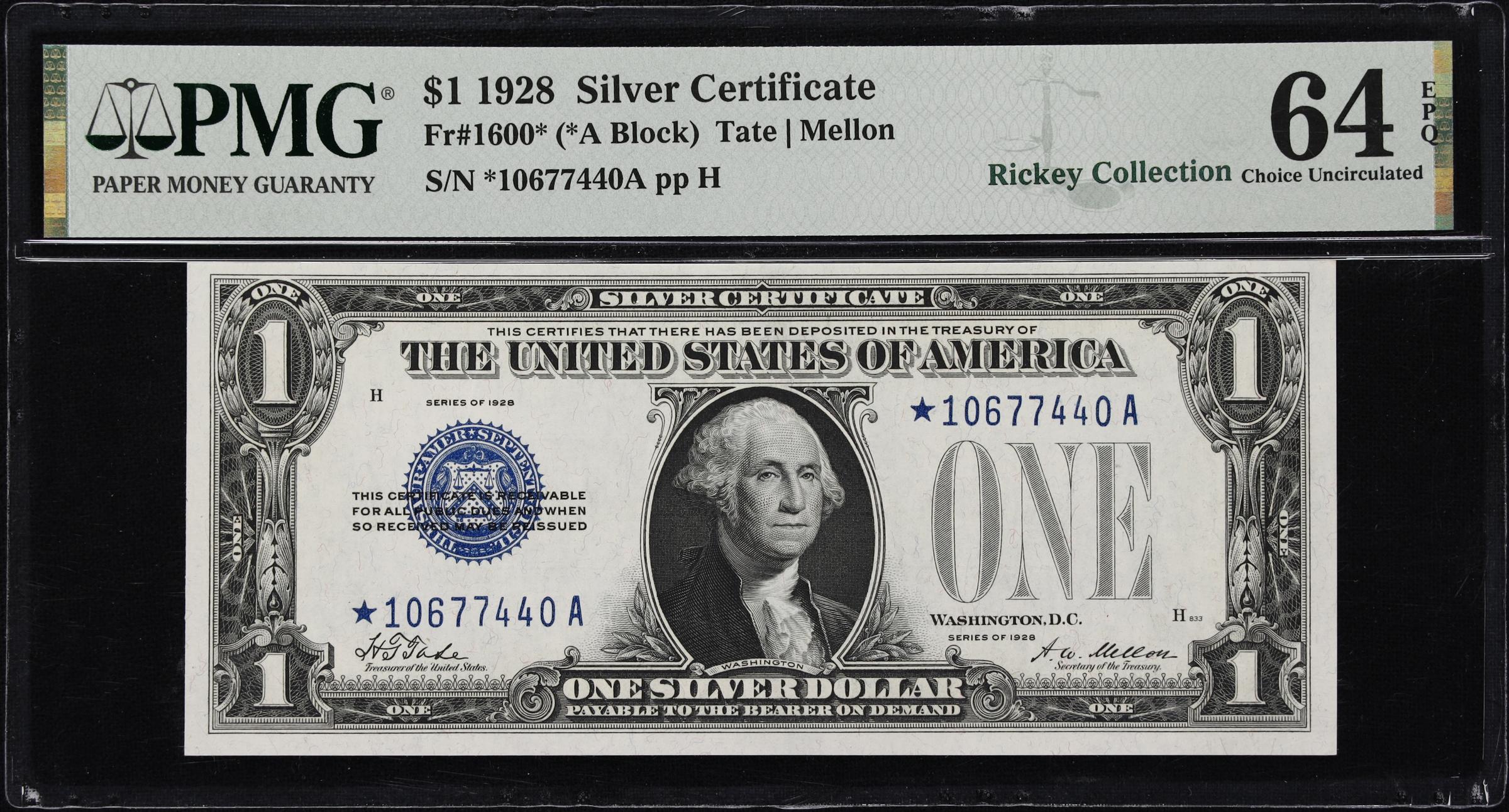 image for: Fr. 1600*. 1928 $1 Silver Certificate Star Note. PMG Choice Uncirculated 64 EPQ.