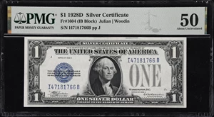 image for: Fr. 1604. 1928D $1 Silver Certificate. PMG About Uncirculated 50.
