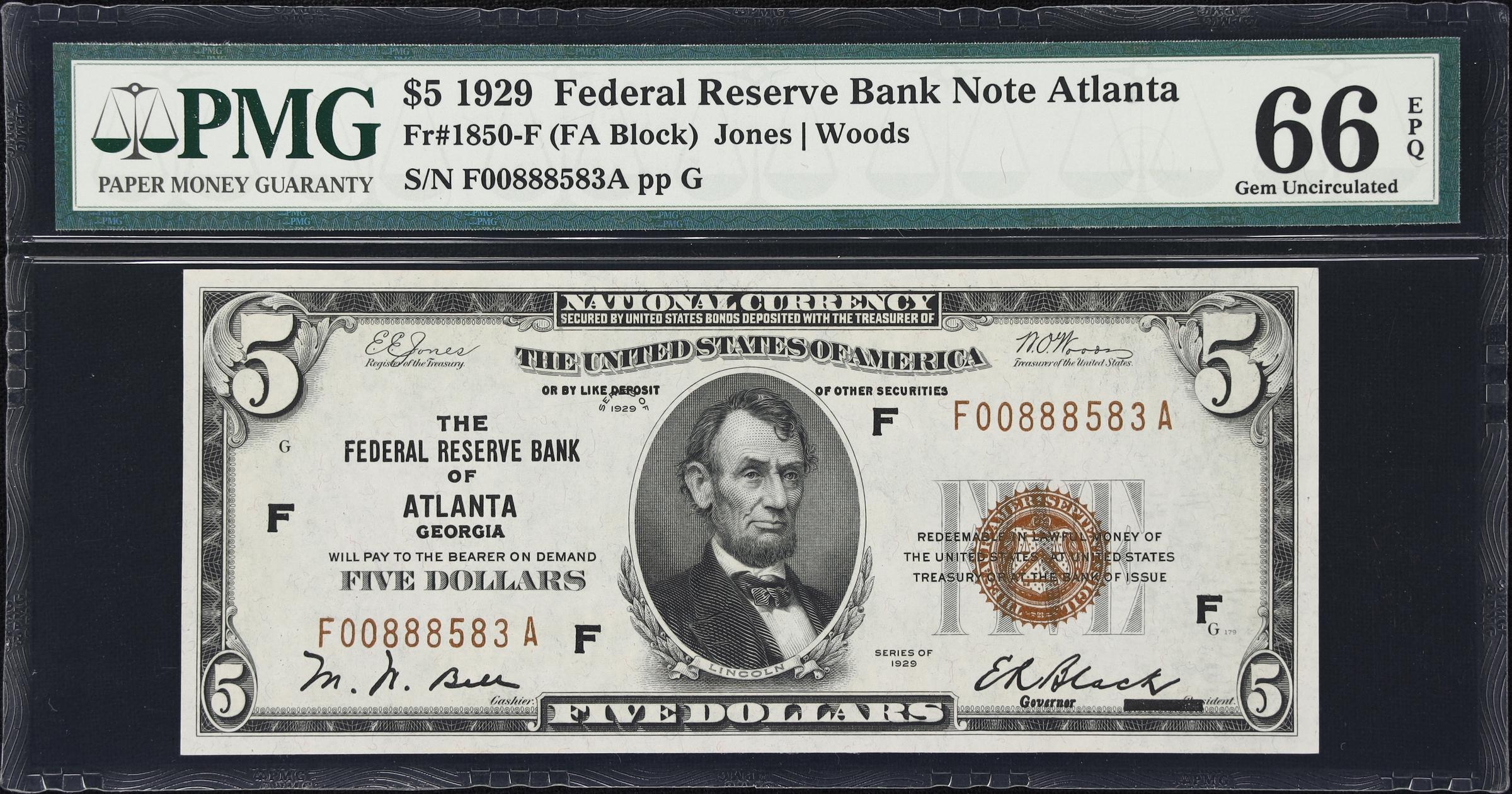 image for: Fr. 1850-F. 1929 $5 Federal Reserve Bank Note. Atlanta. PMG Gem Uncirculated 66 EPQ.