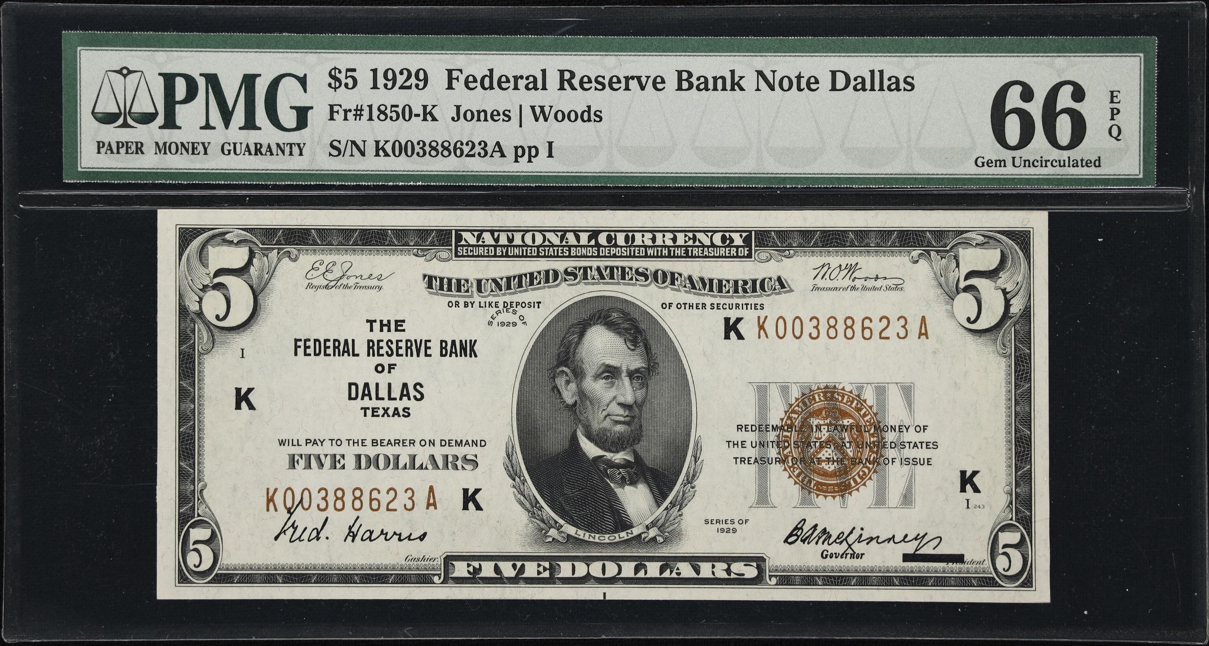 image for: Fr. 1850-K. 1929 $5 Federal Reserve Bank Note. Dallas. PMG Gem Uncirculated 66 EPQ.