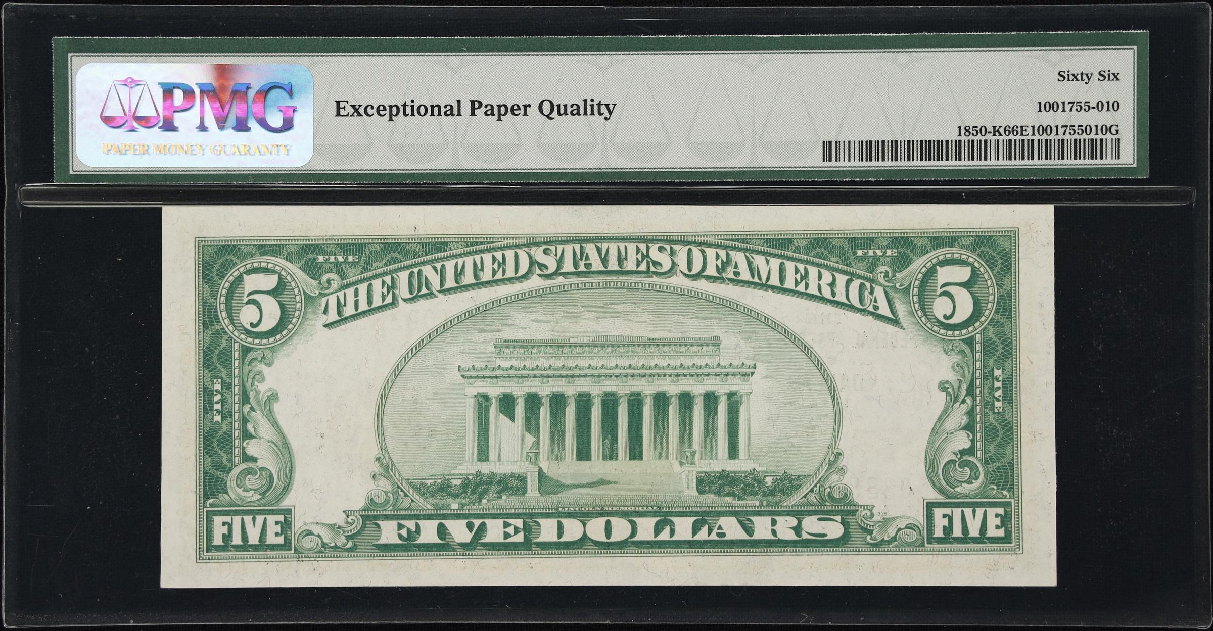 image for: Fr. 1850-K. 1929 $5 Federal Reserve Bank Note. Dallas. PMG Gem Uncirculated 66 EPQ.