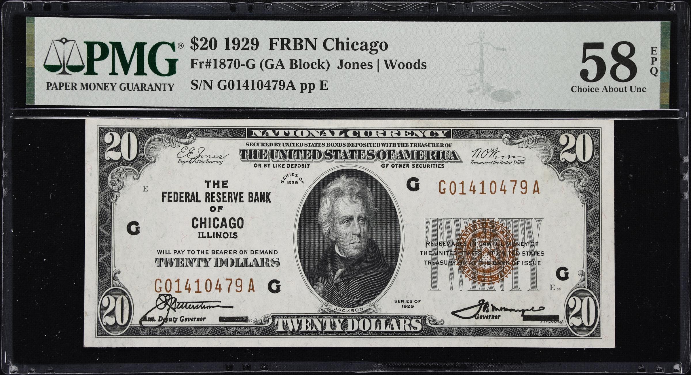 image for: Fr. 1870-G. 1929 $20 Federal Reserve Bank Note. Chicago. PMG Choice About Uncirculated 58 EPQ.
