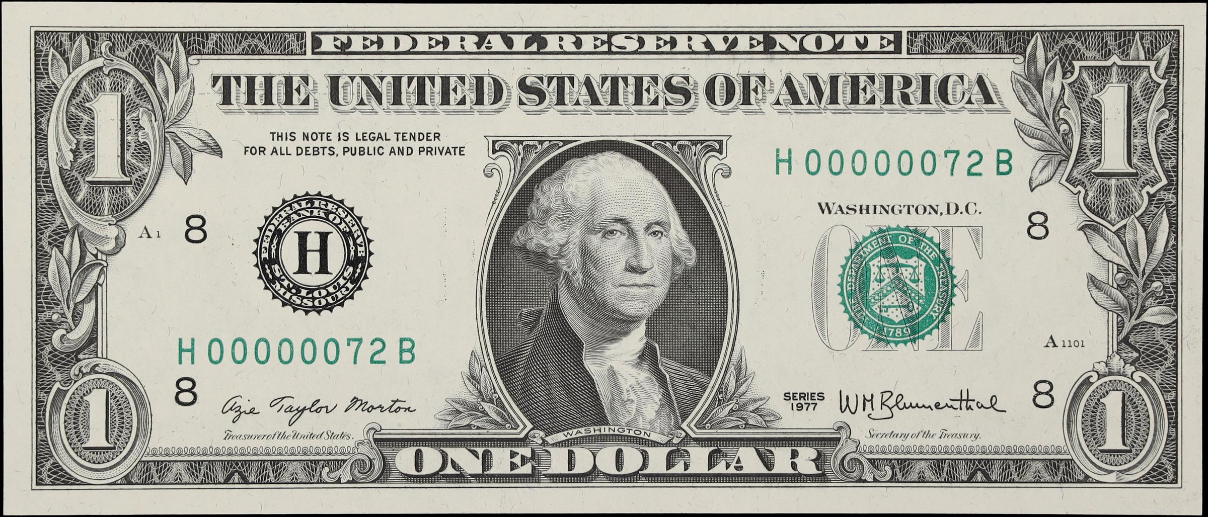 image for: Fr. 1909-H. 1977 $1 Federal Reserve Note. St. Louis. Choice Uncirculated. Low Serial Number.