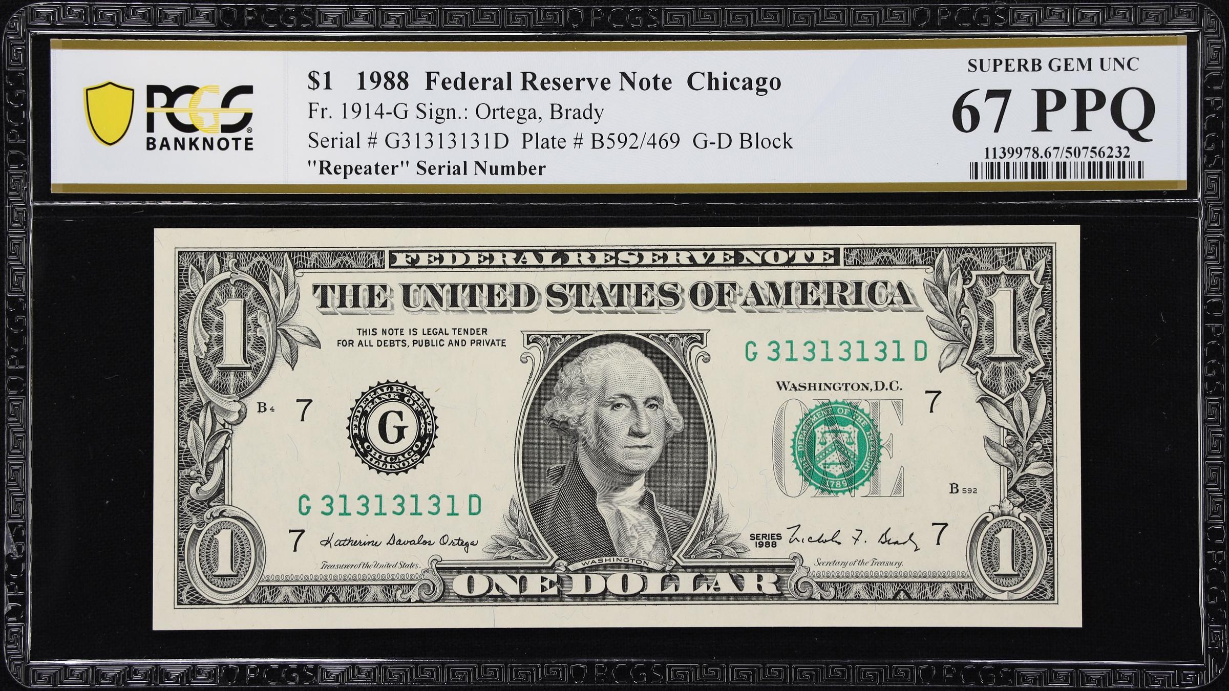 image for: Fr. 1914-G. 1988 $1 Federal Reserve Note. Chicago. PCGS Banknote Superb Gem Uncirculated 67 PPQ. Repeater Serial Number.