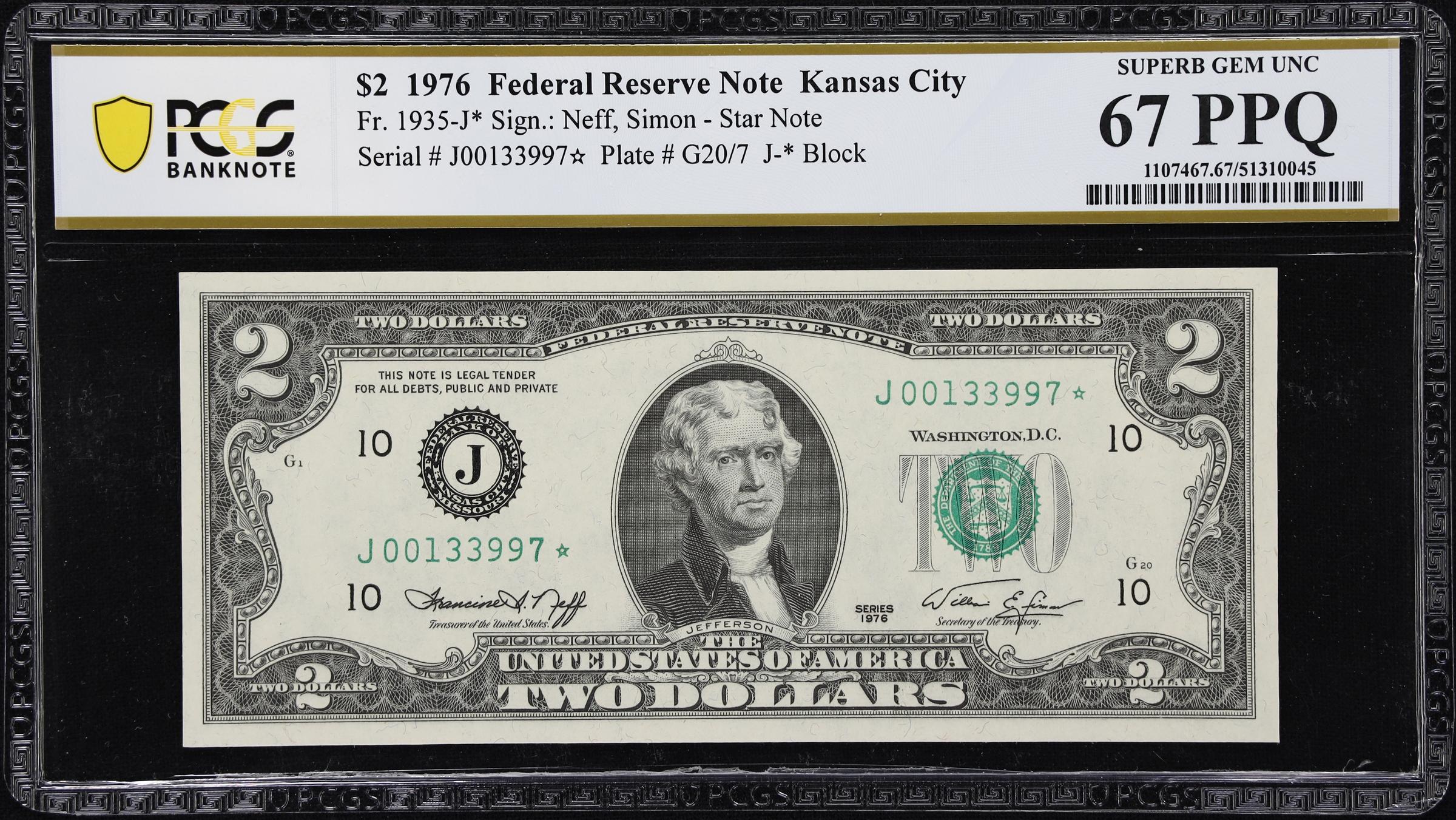 image for: Fr. 1935-J*. 1976 $2 Federal Reserve Star Note. Kansas City. PCGS Banknote Superb Gem Uncirculated 67 PPQ.