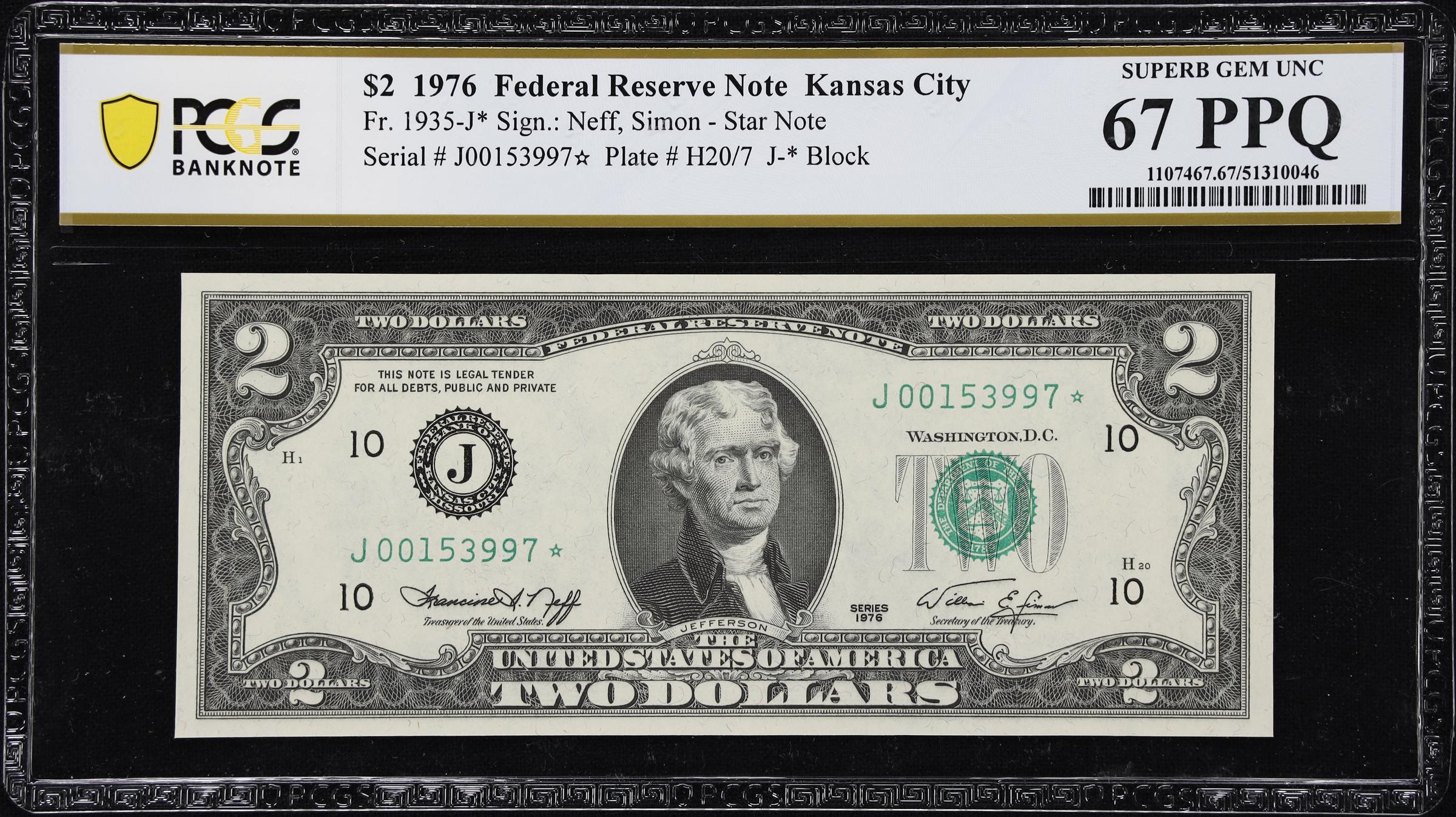 image for: Fr. 1935-J*. 1976 $2 Federal Reserve Star Note. Kansas City. PCGS Banknote Superb Gem Uncirculated 67 PPQ.