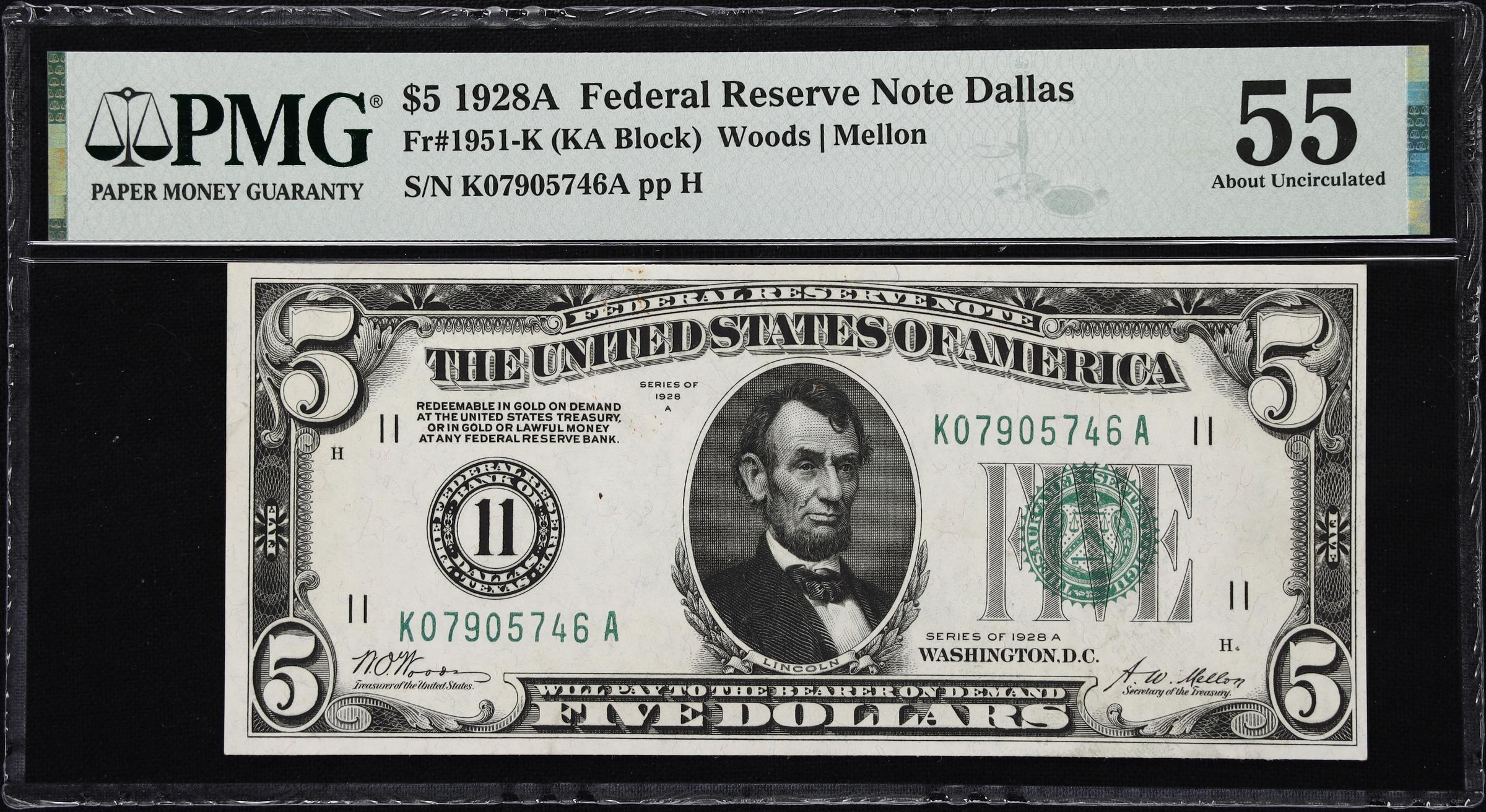 image for: Fr. 1951-K. 1928A $5 Federal Reserve Note. Dallas. PMG About Uncirculated 55.