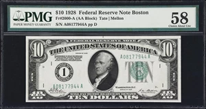 image for: Fr. 2000-A. 1928 $10 Federal Reserve Note. Boston. PMG Choice About Uncirculated 58.