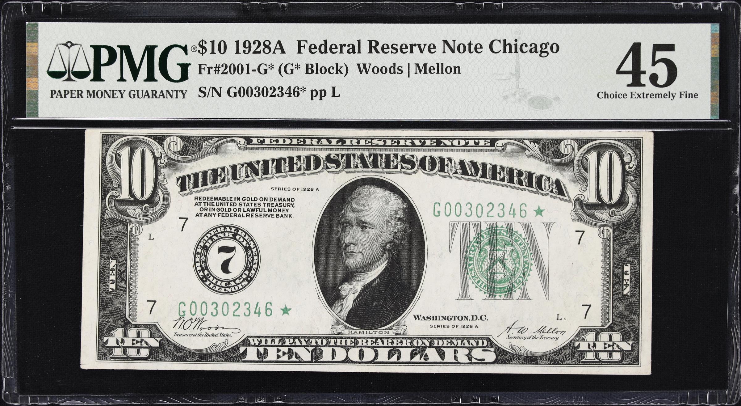image for: Fr. 2001-G*. 1928A $10 Federal Reserve Star Note. Chicago. PMG Choice Extremely Fine 45.