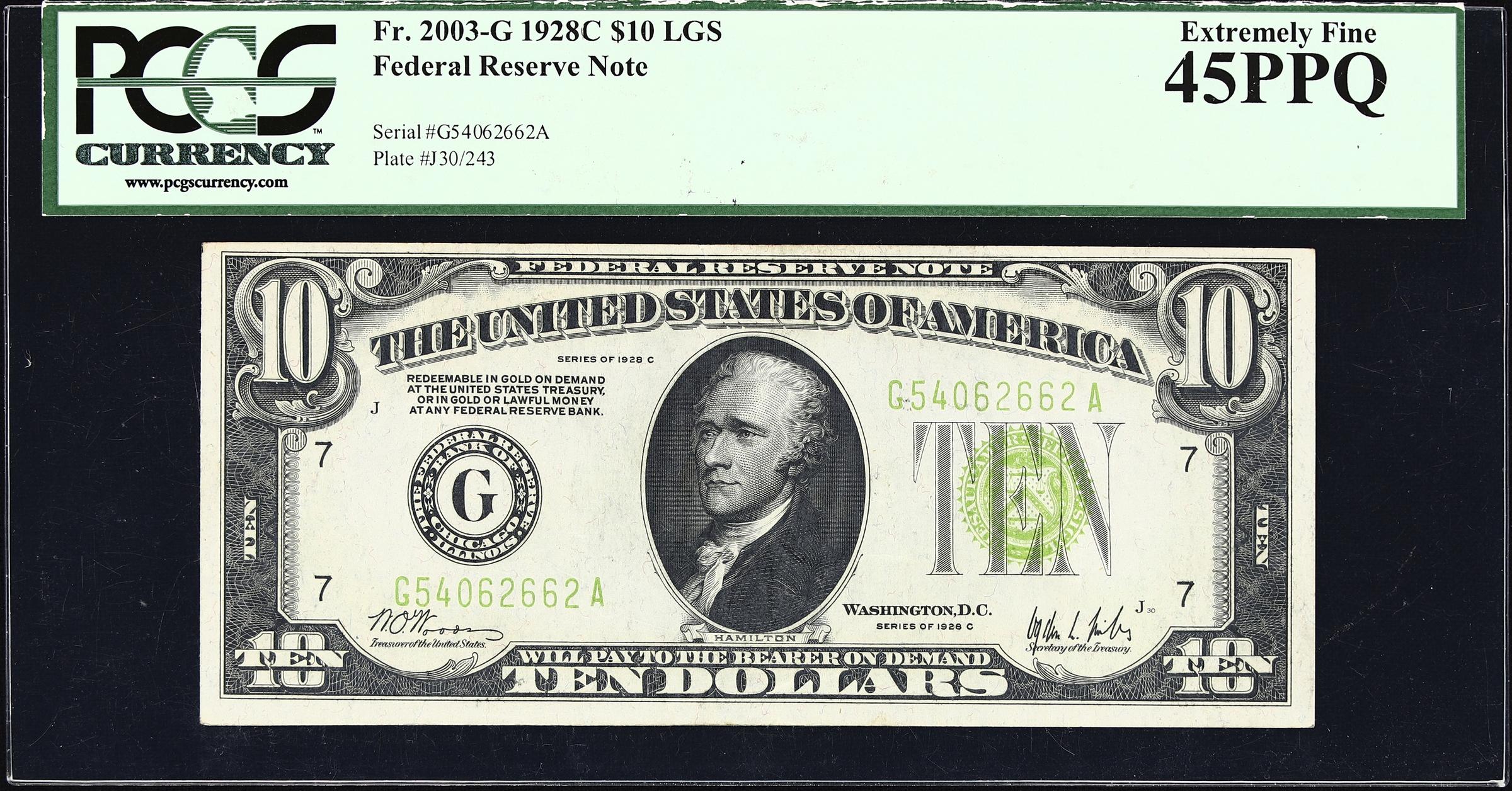 image for: Fr. 2003-G. 1928C Light Green Seal $10 Federal Reserve Note. Chicago. PCGS Currency Extremely Fine 45 PPQ.