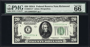 image for: Fr. 2055-E*. 1934A $20 Federal Reserve Star Note. Richmond. PMG Gem Uncirculated 66 EPQ.