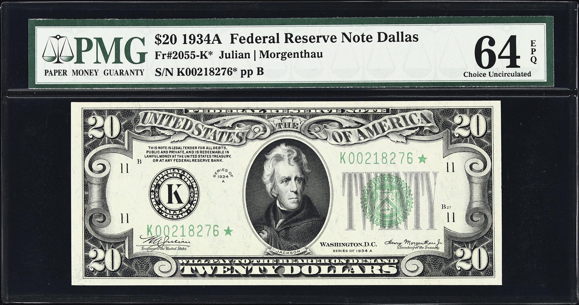 image for: Fr. 2055-K*. 1934A $20 Federal Reserve Star Note. Dallas. PMG Choice Uncirculated 64 EPQ.