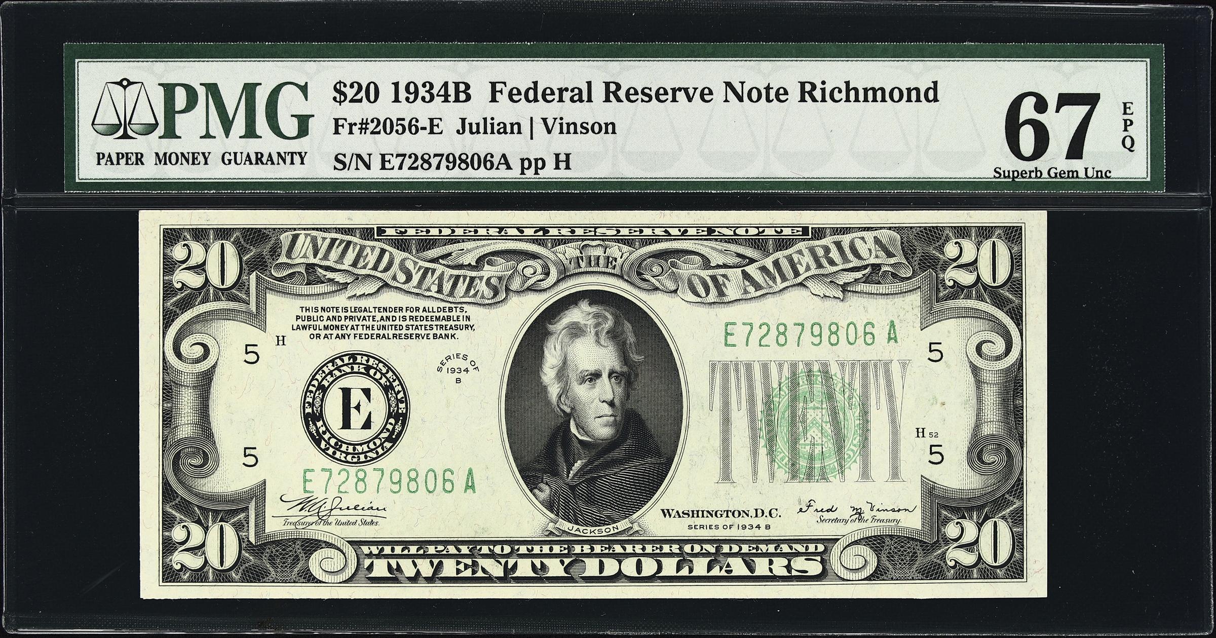 image for: Fr. 2056-E. 1934B $20 Federal Reserve Note. Richmond. PMG Superb Gem Uncirculated 67 EPQ.