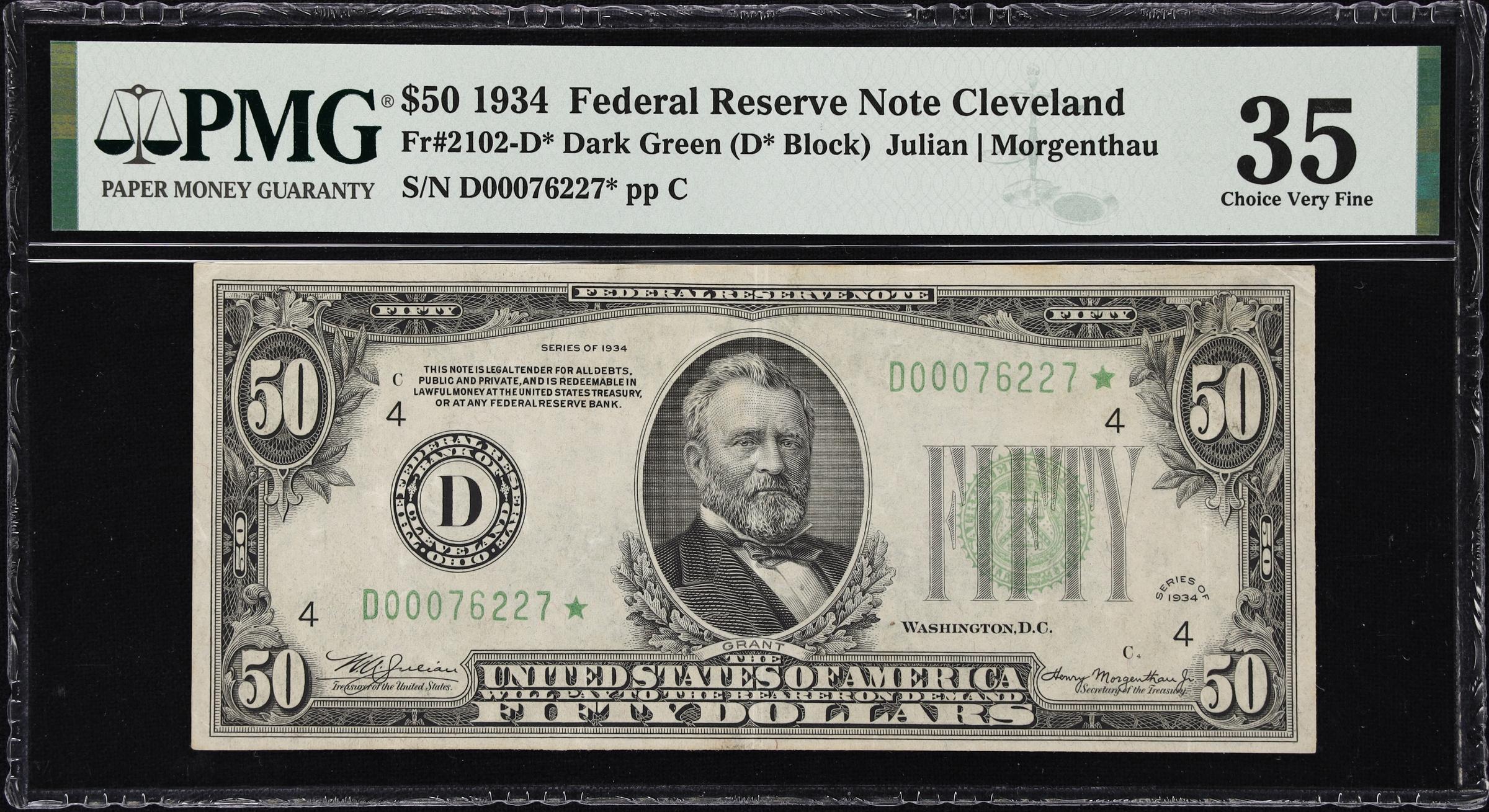 image for: Fr. 2102-D*. 1934 Dark Green Seal $50 Federal Reserve Star Note. Cleveland. PMG Choice Very Fine 35.