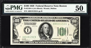 image for: Fr. 2150-A. 1928 $100 Federal Reserve Note. Boston. PMG About Uncirculated 50.