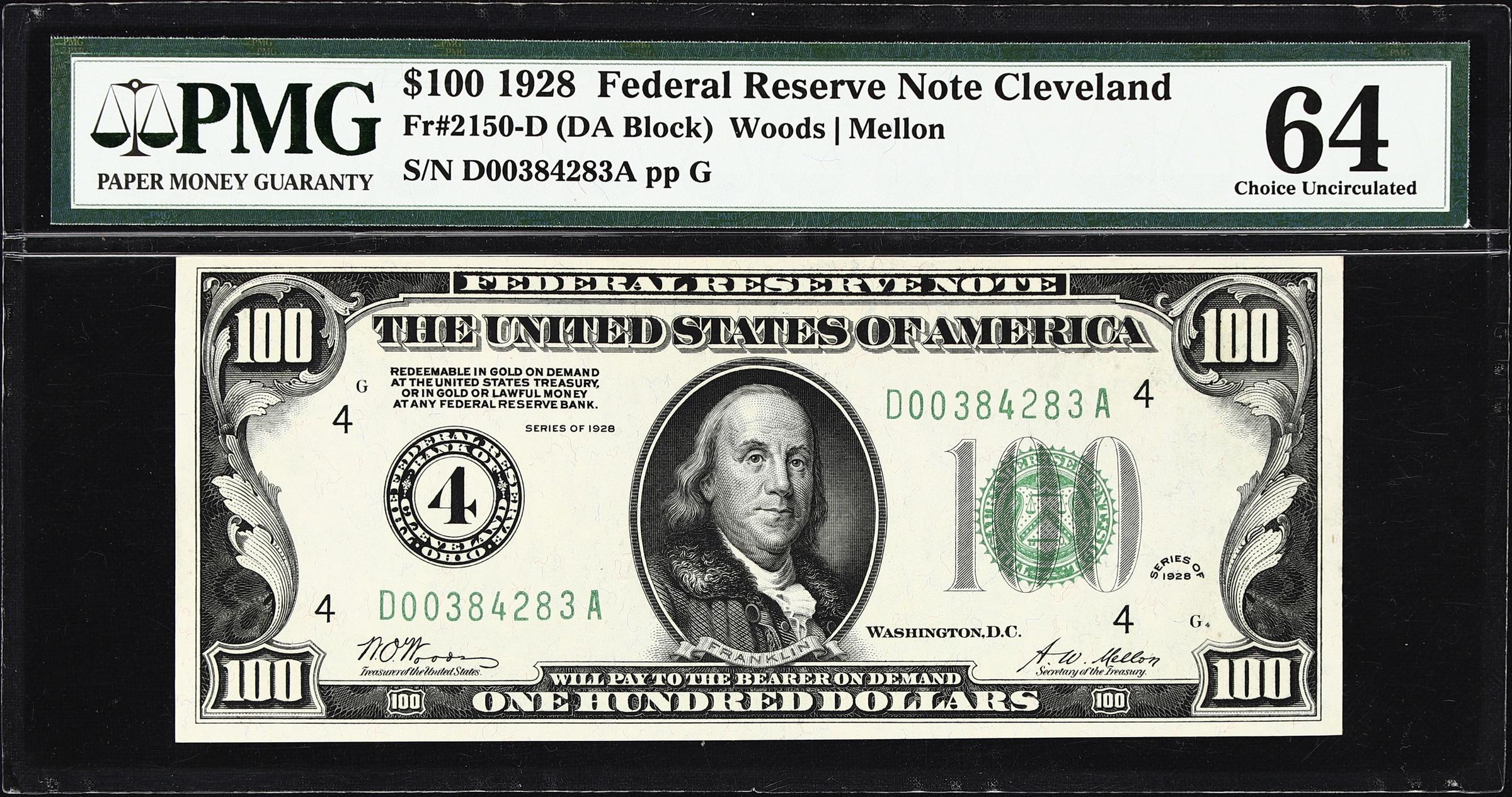 image for: Fr. 2150-D. 1928 $100 Federal Reserve Note. Cleveland. PMG Choice Uncirculated 64.