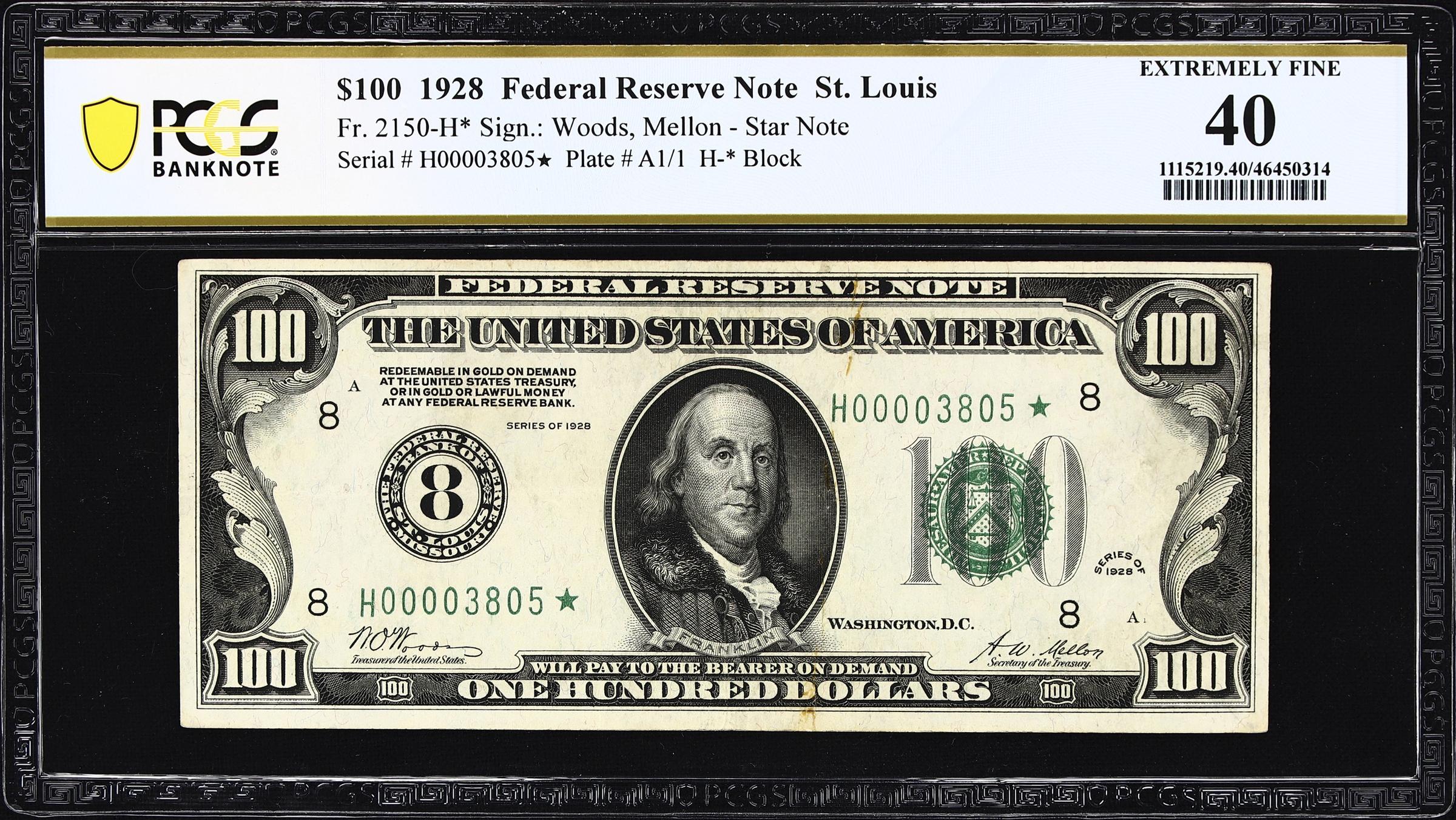 image for: Fr. 2150-H*. 1928 $100 Federal Reserve Star Note. St. Louis. PCGS Banknote Extremely Fine 40.