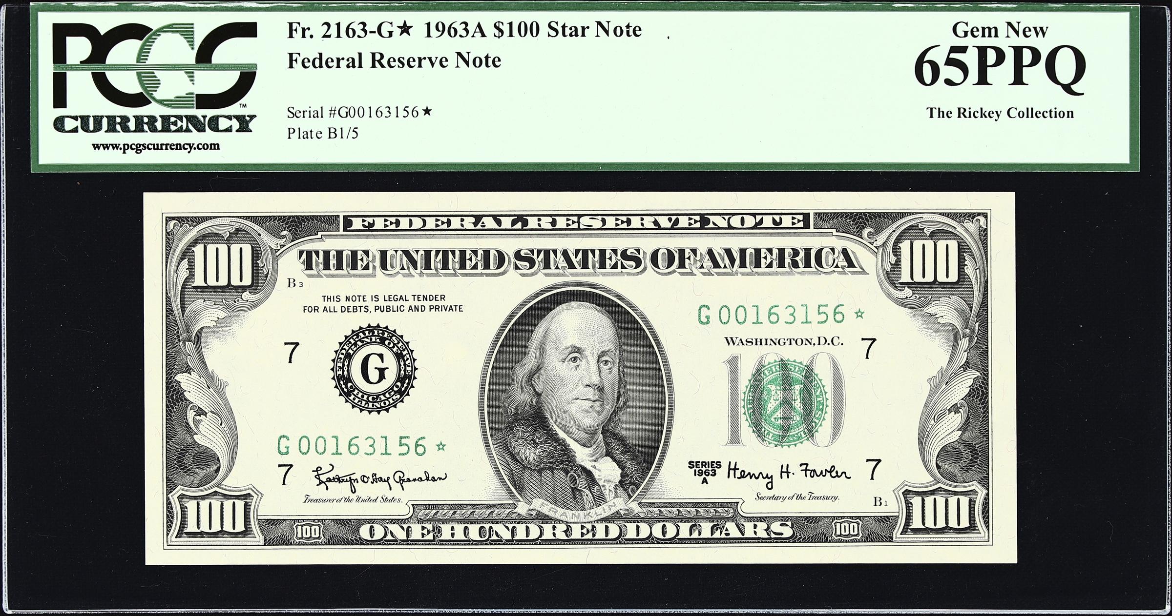 image for: Fr. 2163-G*. 1963A $100 Federal Reserve Star Note. Chicago. PCGS Currency Gem New 65 PPQ.