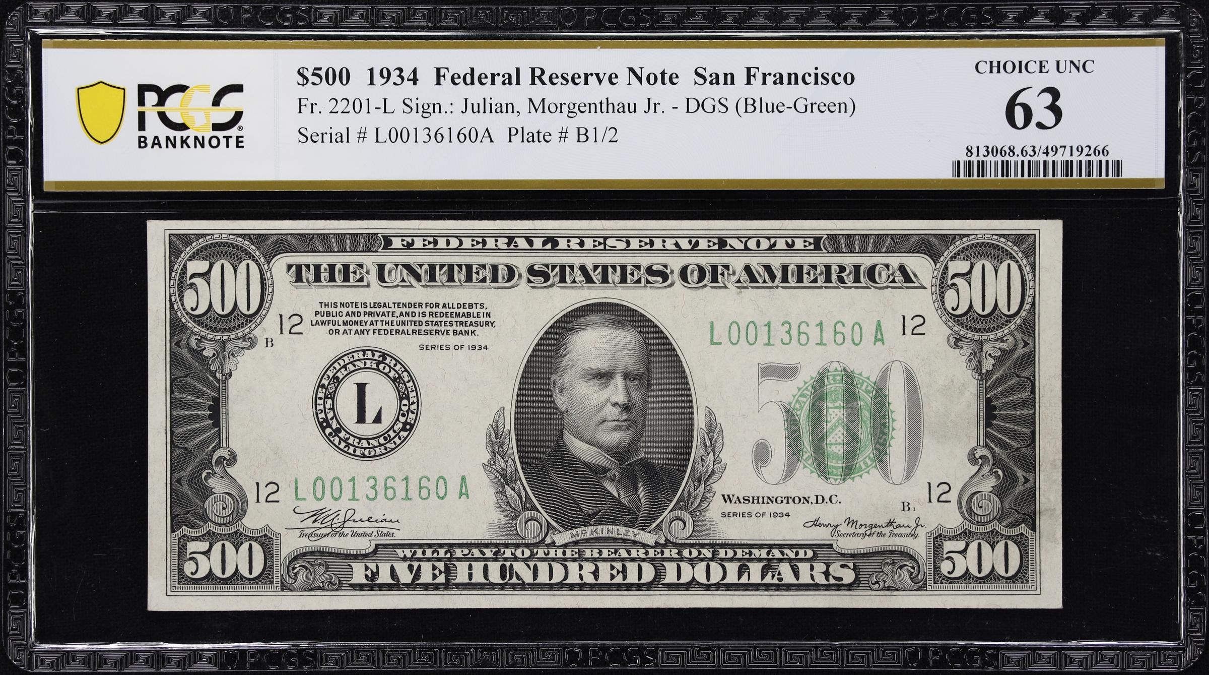 image for: Fr. 2201-L. 1934 Dark Green Seal $500 Federal Reserve Note. San Francisco. PCGS Banknote Choice Uncirculated 63.