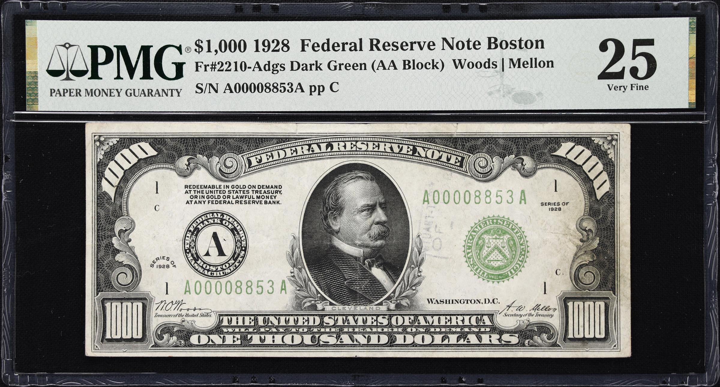 image for: Fr. 2210-Adgs. 1928 Dark Green Seal $1000 Federal Reserve Note. Boston. PMG Very Fine 25.
