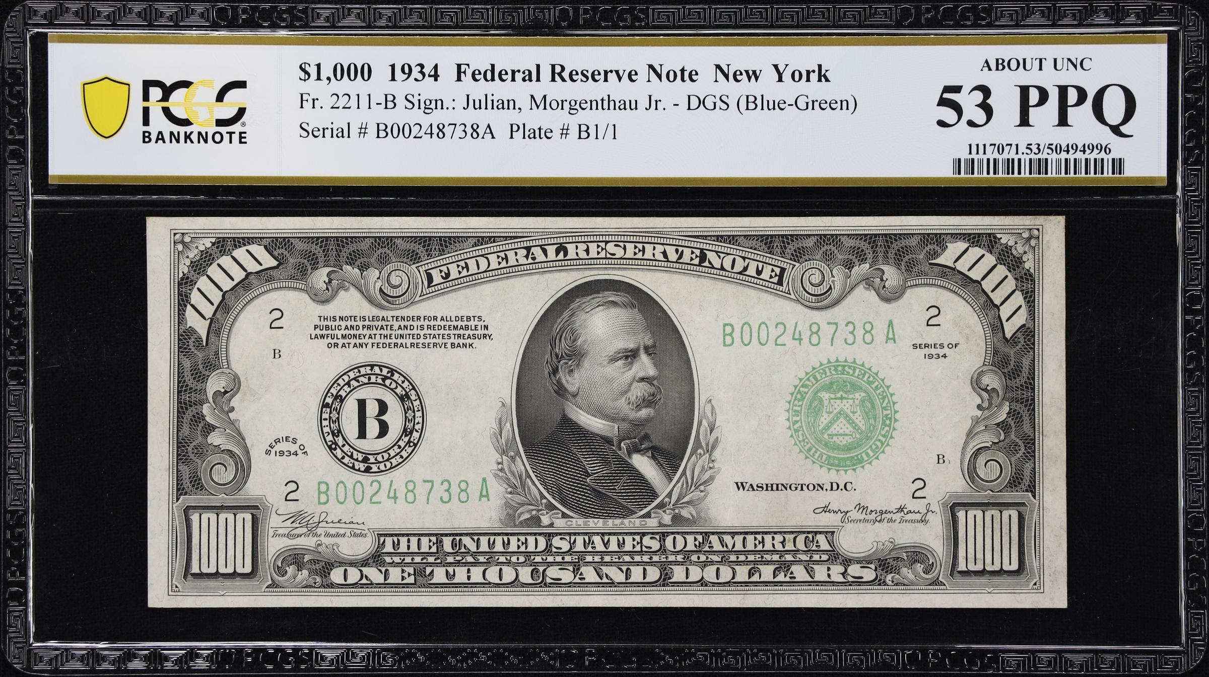 image for: Fr. 2211-B. 1934 Dark Green Seal $1000 Federal Reserve Note. New York. PCGS Banknote About Uncirculated 53 PPQ.
