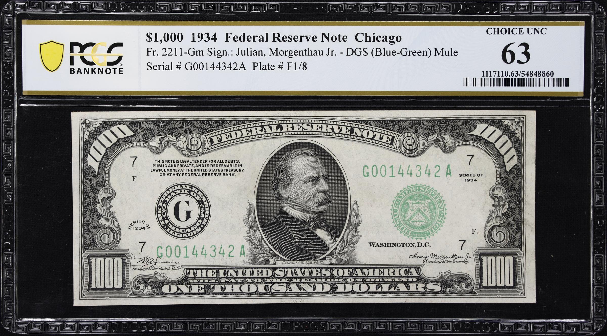 image for: Fr. 2211-Gm. 1934 Dark Green Seal $1000 Federal Reserve Note. Mule. Chicago. PCGS Banknote Choice Uncirculated 63.