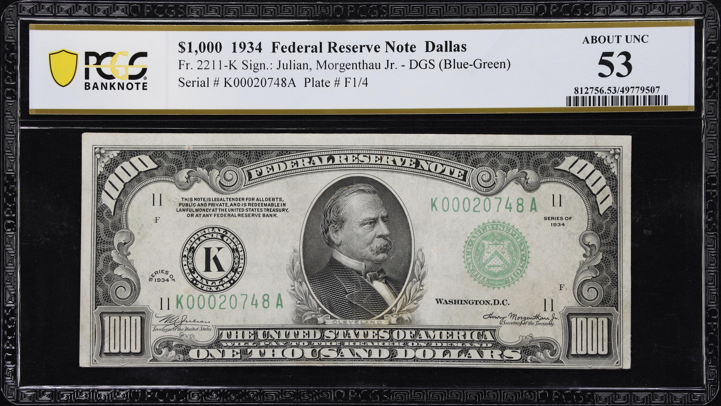 image for: Fr. 2211-K. 1934 Dark Green Seal $1000 Federal Reserve Note. Dallas. PCGS Banknote About Uncirculated 53.