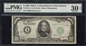 image for: Fr. 2212-A. 1934A $1000 Federal Reserve Note. Boston. PMG Very Fine 30 Net. Repaired.