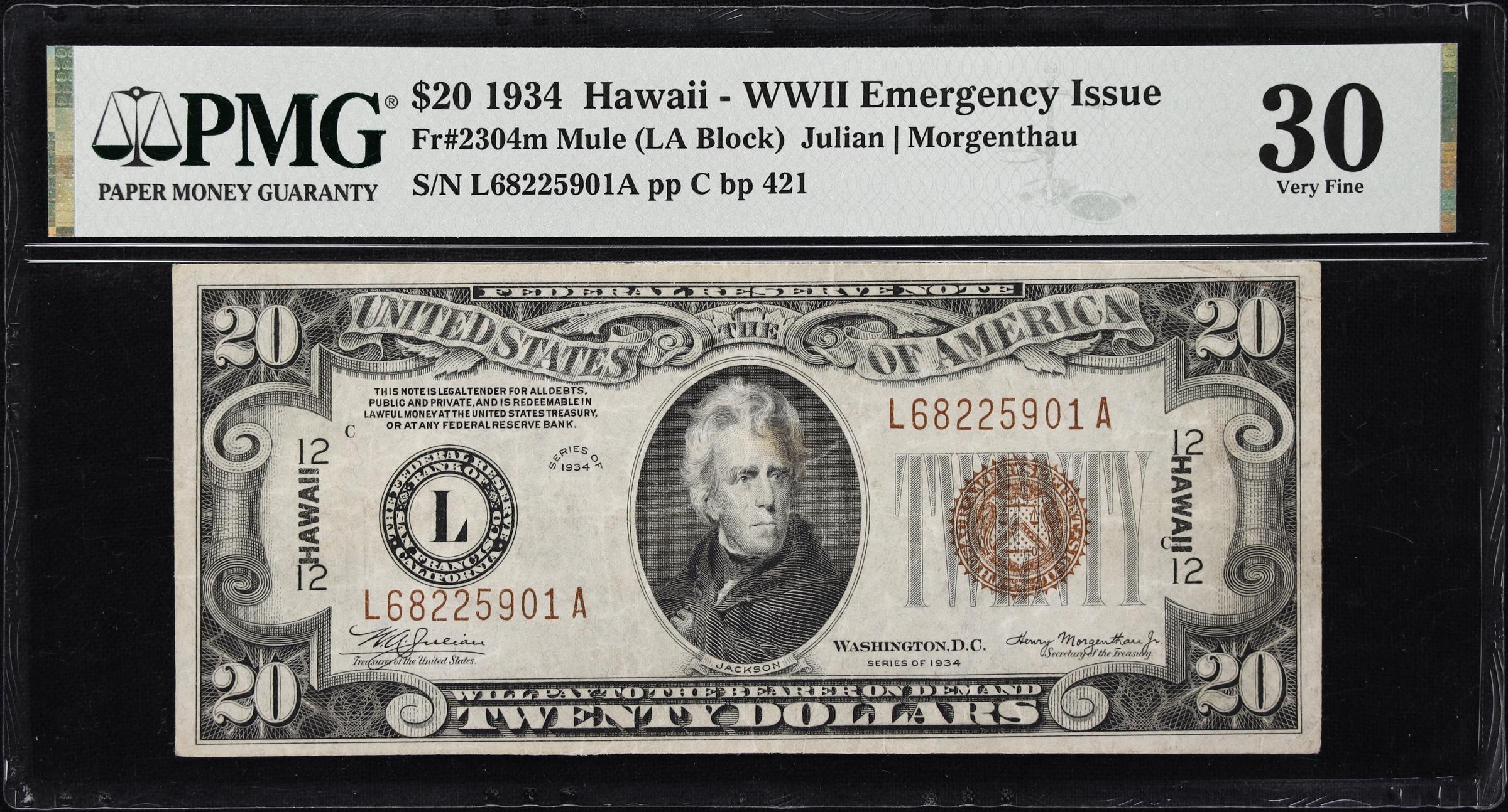 image for: Fr. 2304m. 1934 $20 Hawaii Emergency Note. Mule. PMG Very Fine 30.