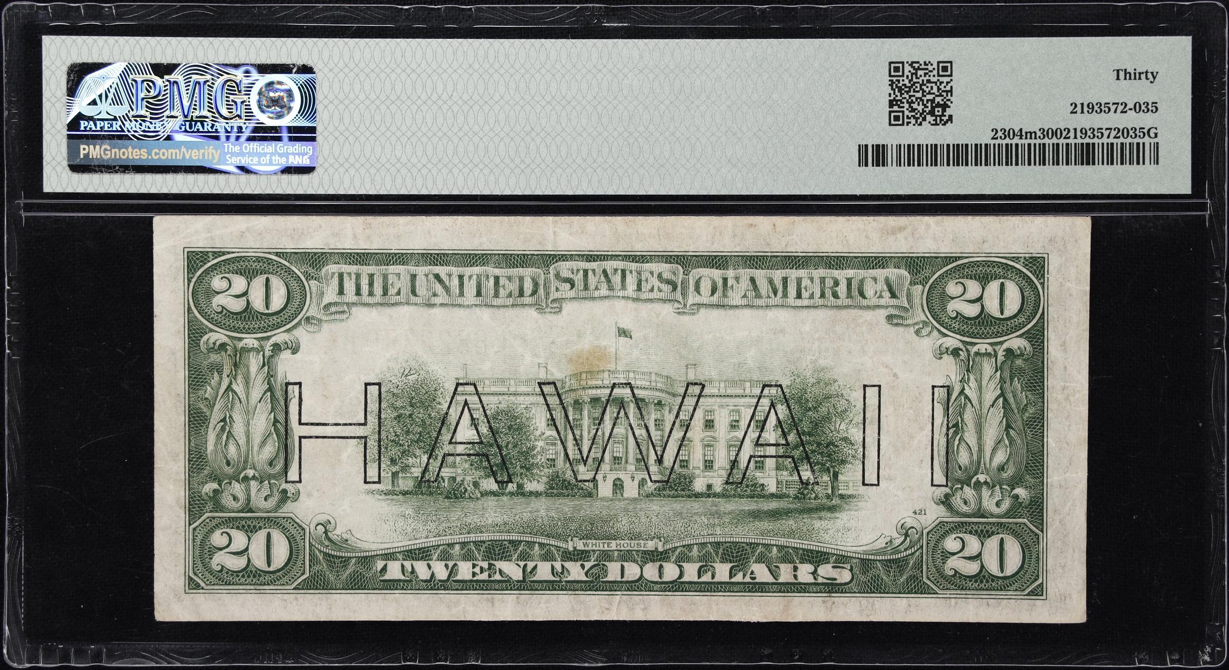 image for: Fr. 2304m. 1934 $20 Hawaii Emergency Note. Mule. PMG Very Fine 30.