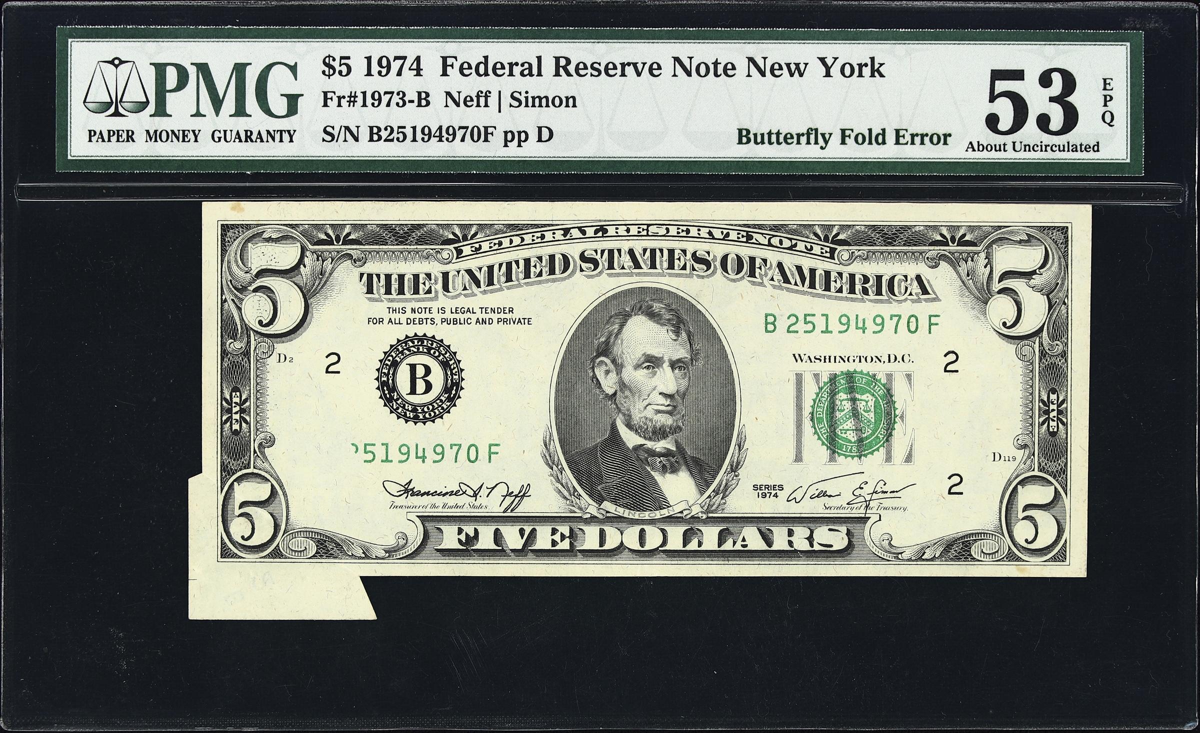 image for: Fr. 1973-B. 1974 $5 Federal Reserve Note. New York. PMG About Uncirculated 53 EPQ. Butterfly Fold Error.