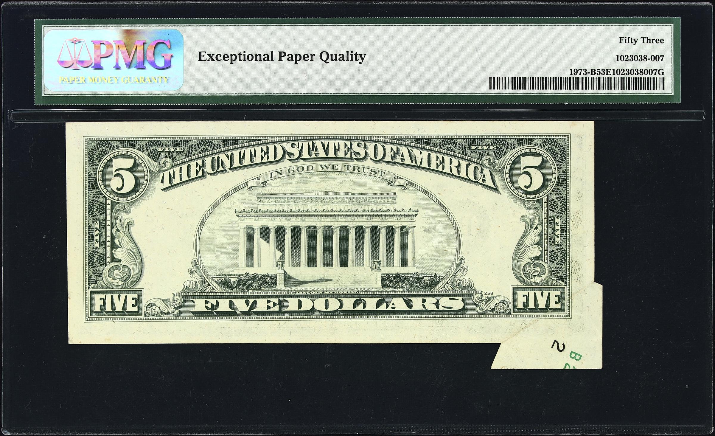 image for: Fr. 1973-B. 1974 $5 Federal Reserve Note. New York. PMG About Uncirculated 53 EPQ. Butterfly Fold Error.