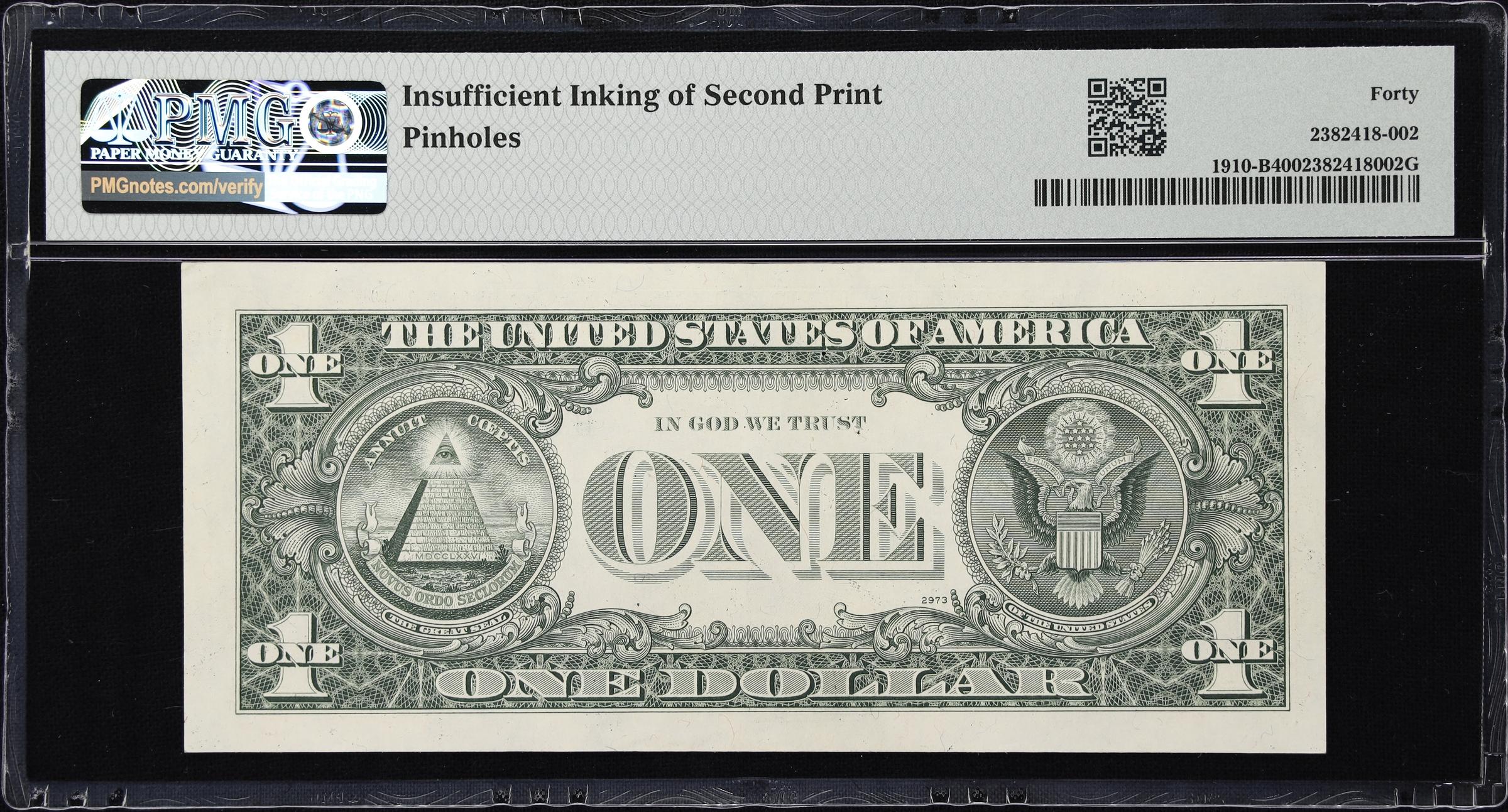 image for: Fr. 1910-B. 1977A $1 Federal Reserve Note. New York. PMG Extremely Fine 40. Insufficient Inking Error.